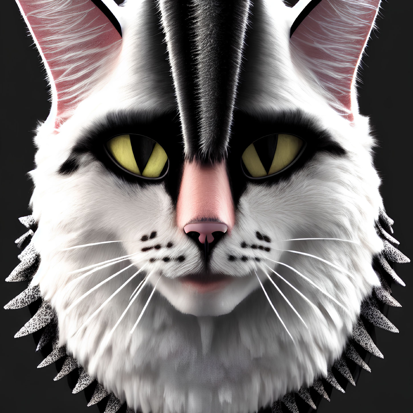 Stylized cat with yellow eyes, black and white fur, spiked collar on dark background