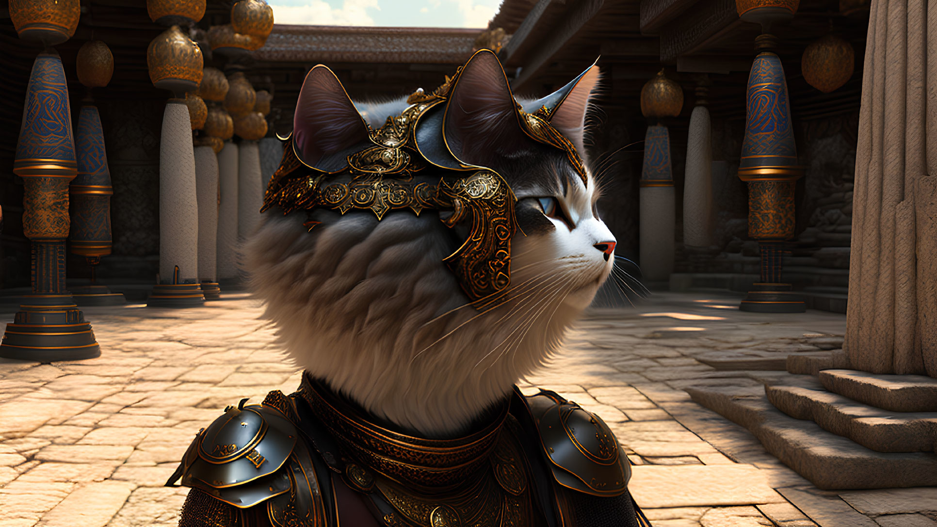 Majestic Cat in Medieval Armor in Ancient Temple with Ornate Pillars