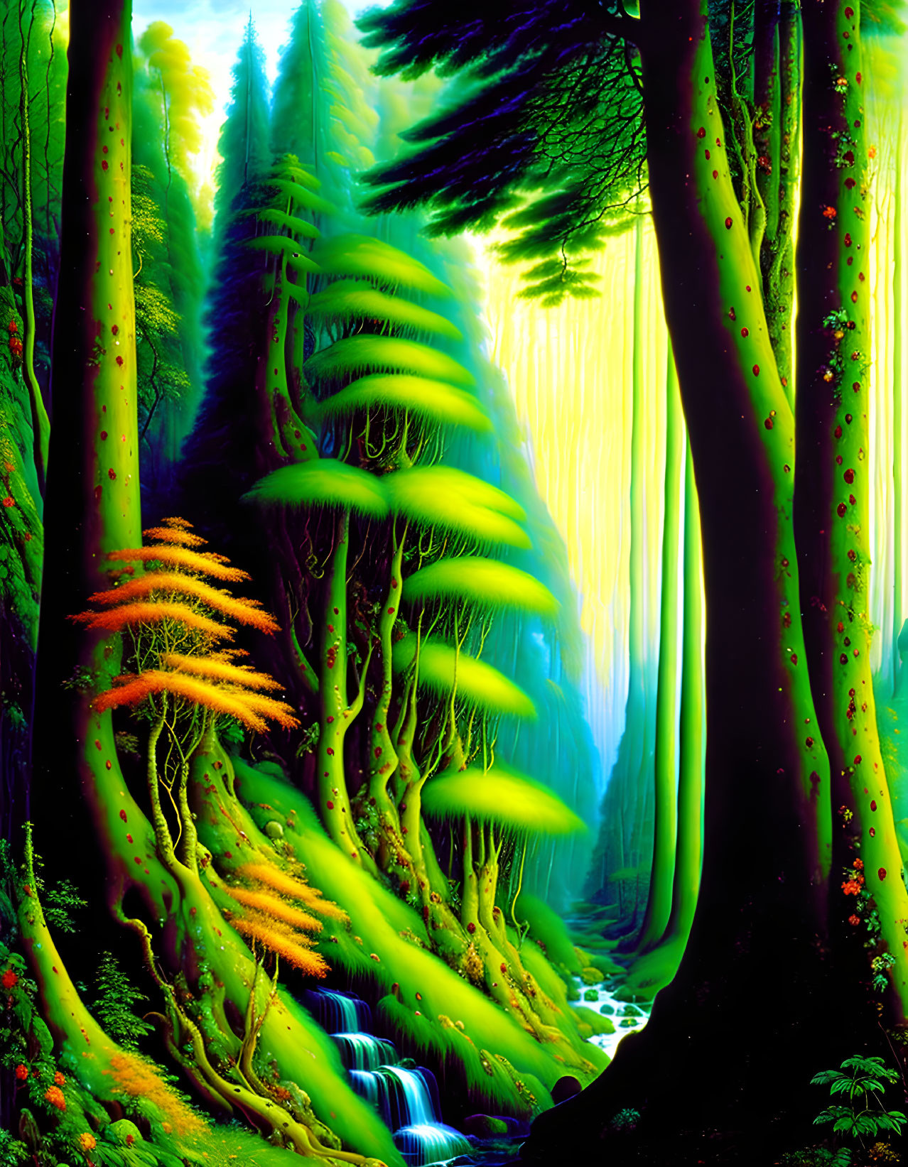 Lush Green Fantasy Forest with Cascading Stream