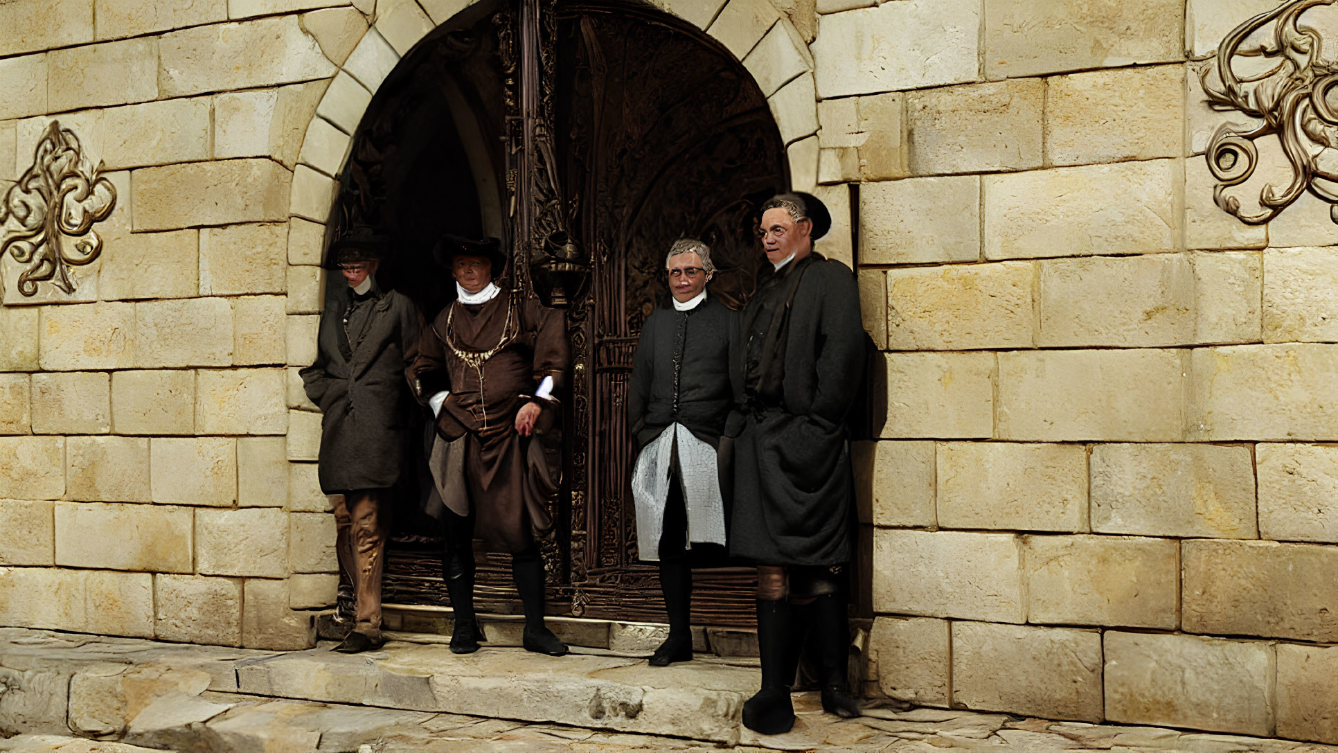 Four individuals in historical attire by ornate wooden door in stone archway