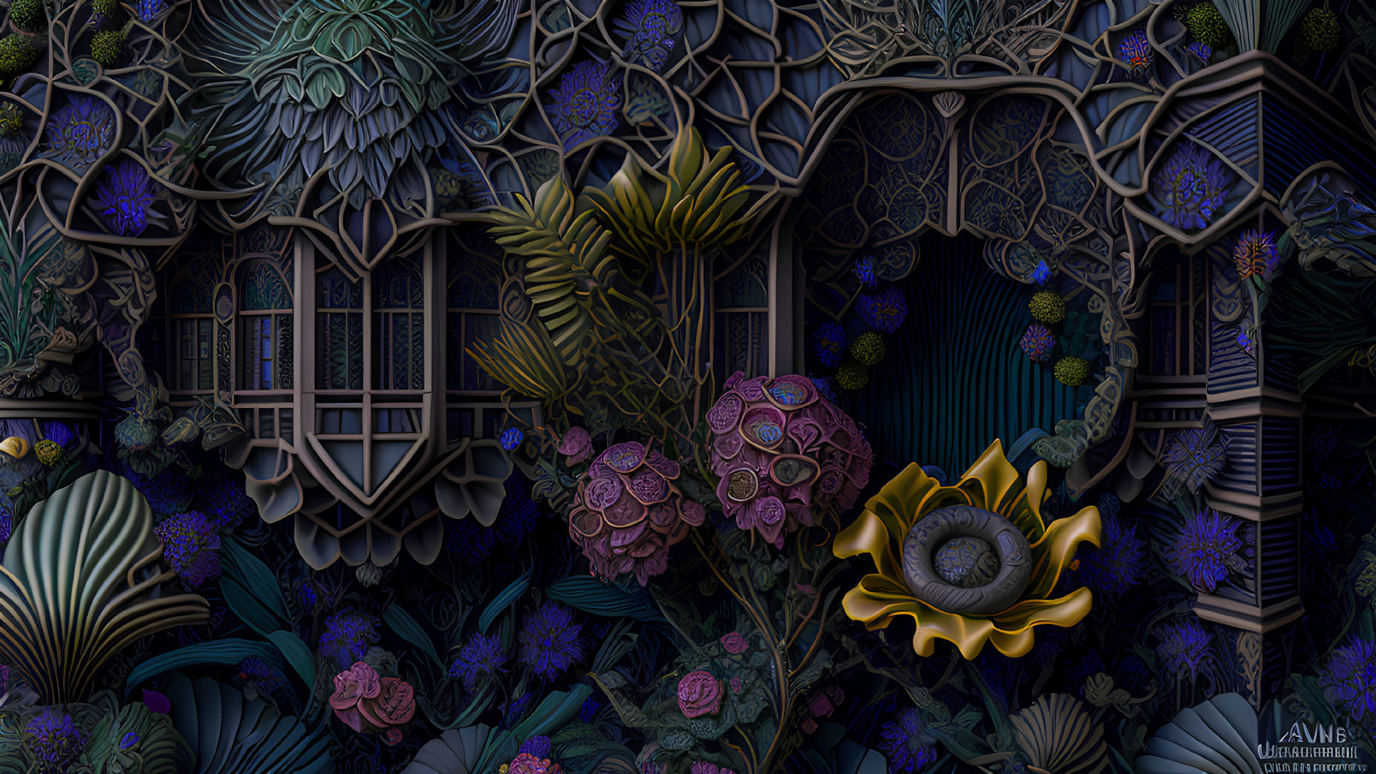 Vibrant digital artwork of lush garden with oversized flora in blues, purples, greens,