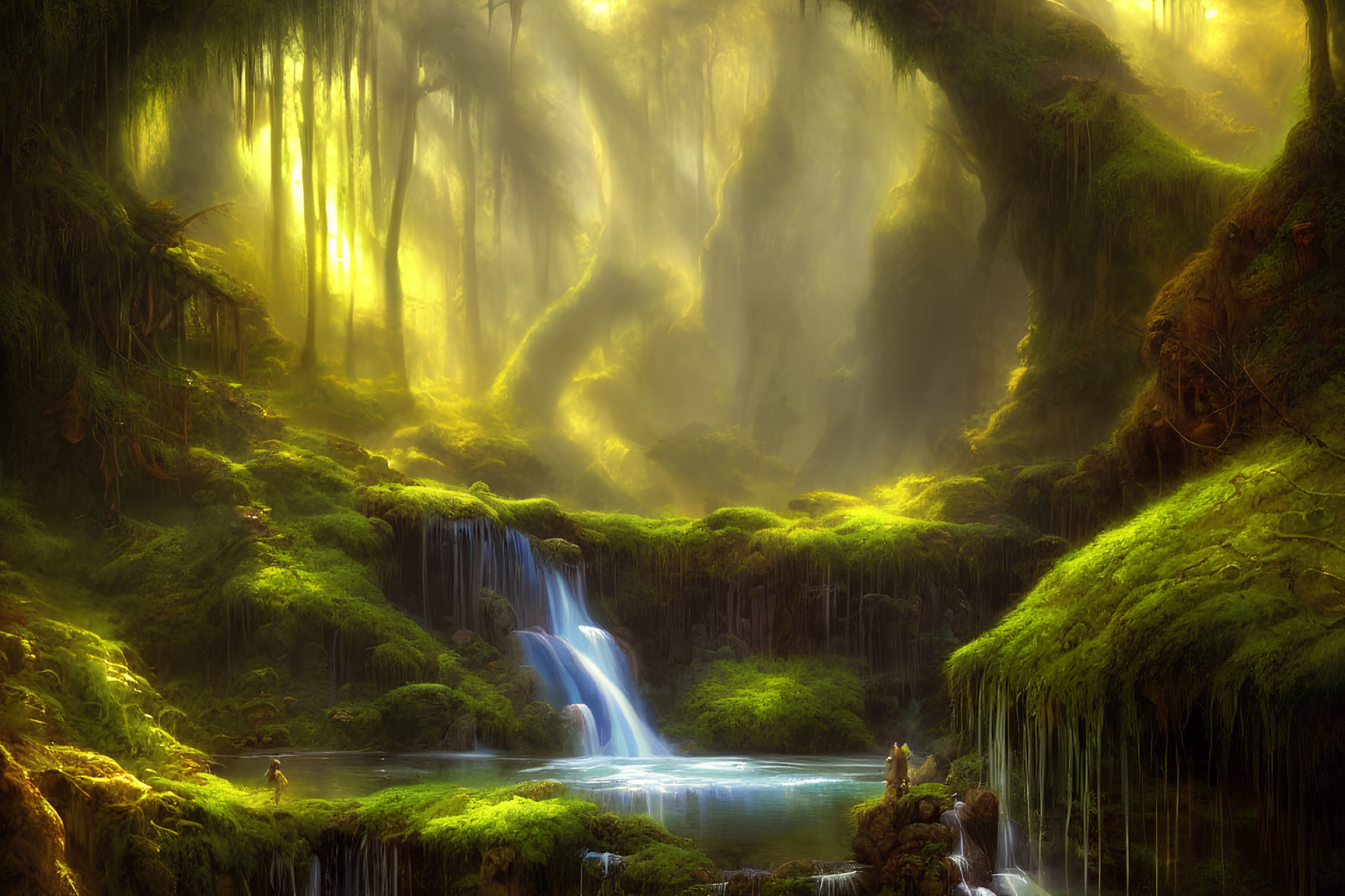 Ethereal forest scene with sunbeams, waterfalls, greenery, tranquil pools