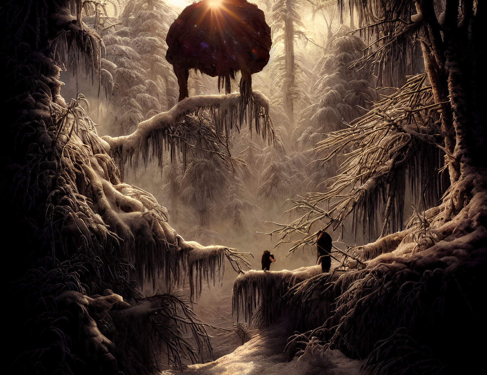 Snow-covered winter forest with icicles, warm light, figures, and glowing rock