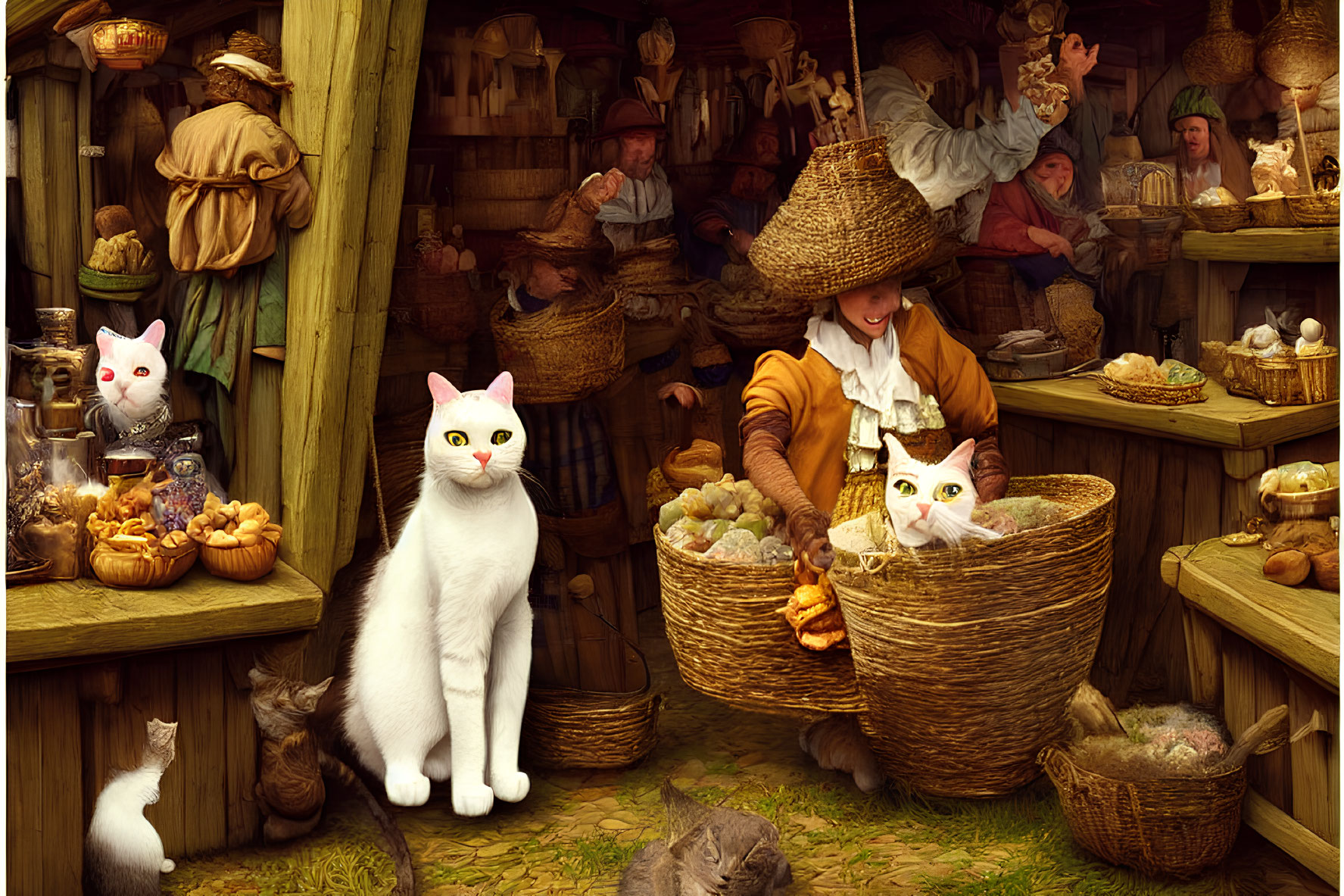 Anthropomorphic cats at market stall with produce and baked goods