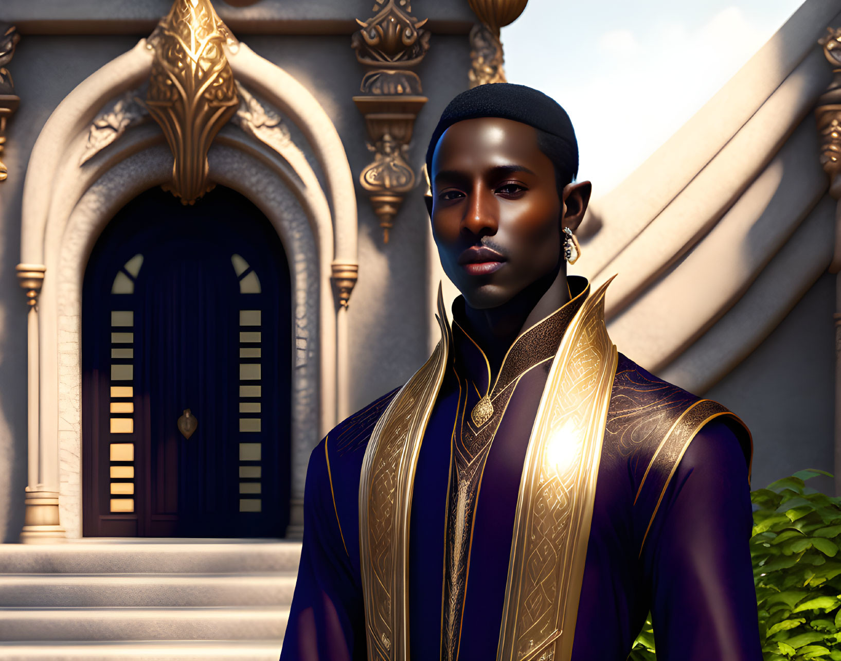 Regal man in gold-trimmed purple robe and ornate backdrop