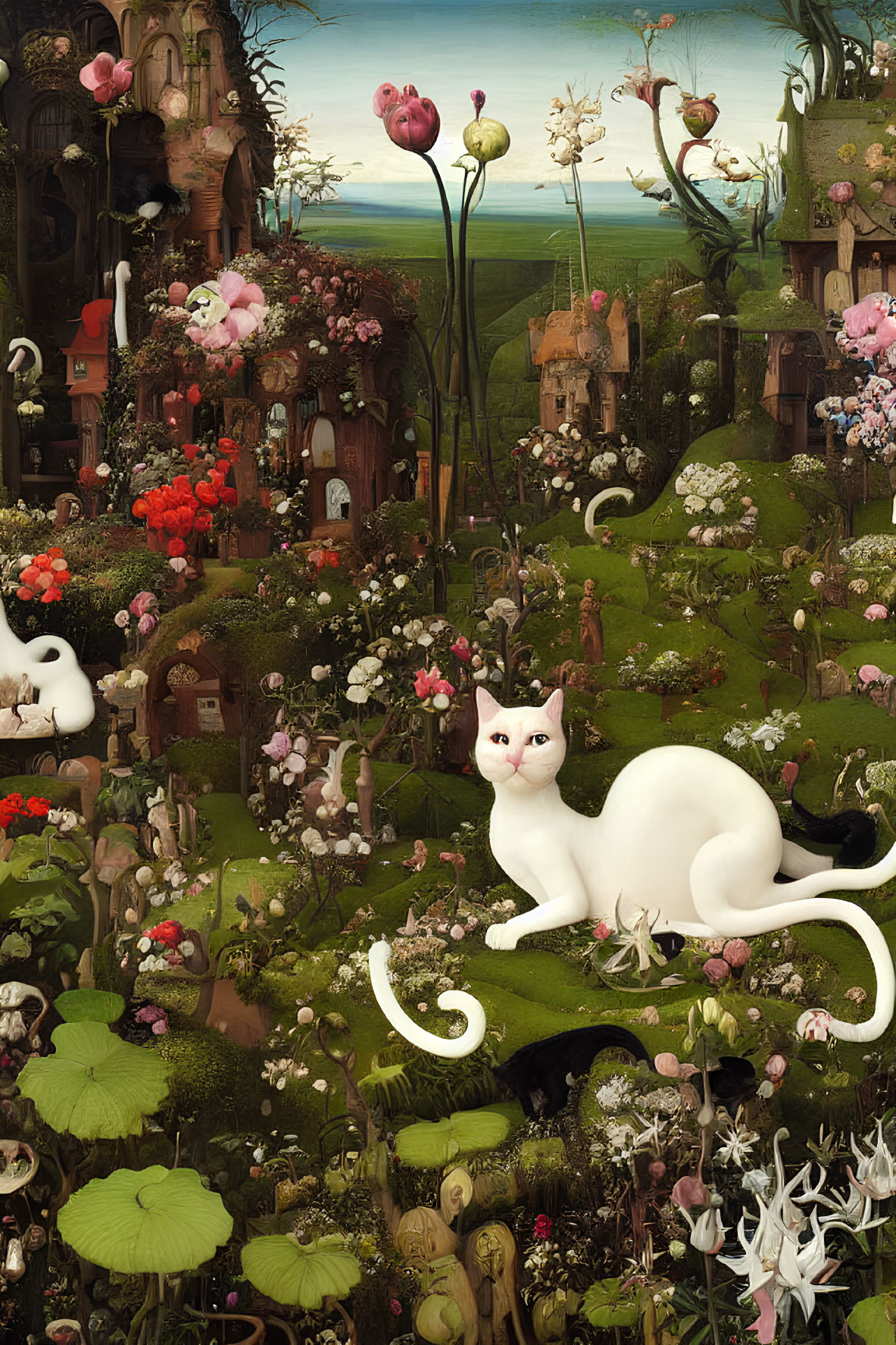 White cat in whimsical landscape with miniature houses and vibrant flowers