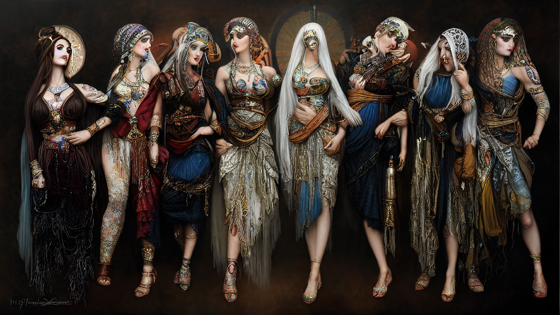 Fantasy characters in ornate costumes and headgear.