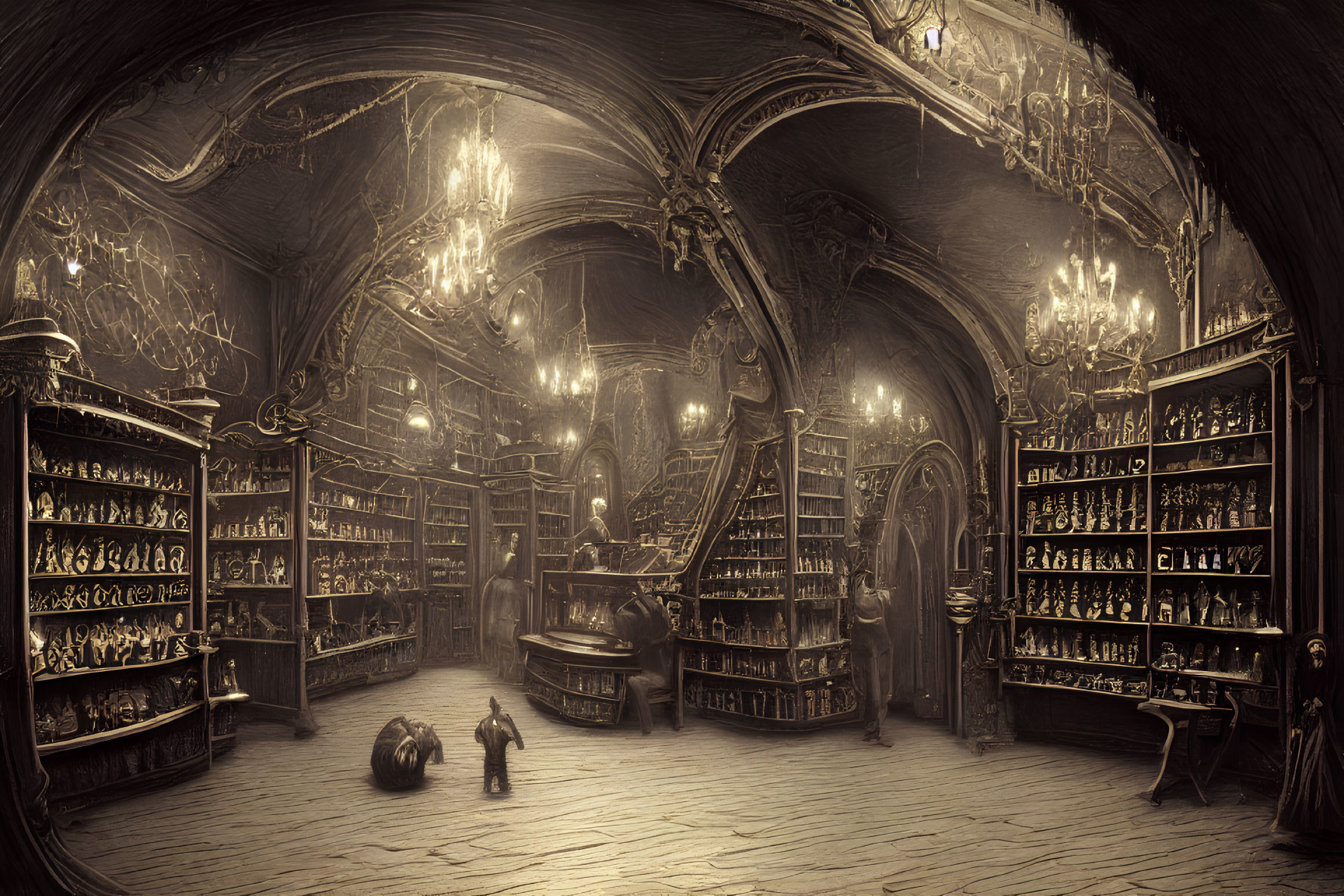 Ornate library with arched ceilings, chandeliers, books, globe, ladder, and