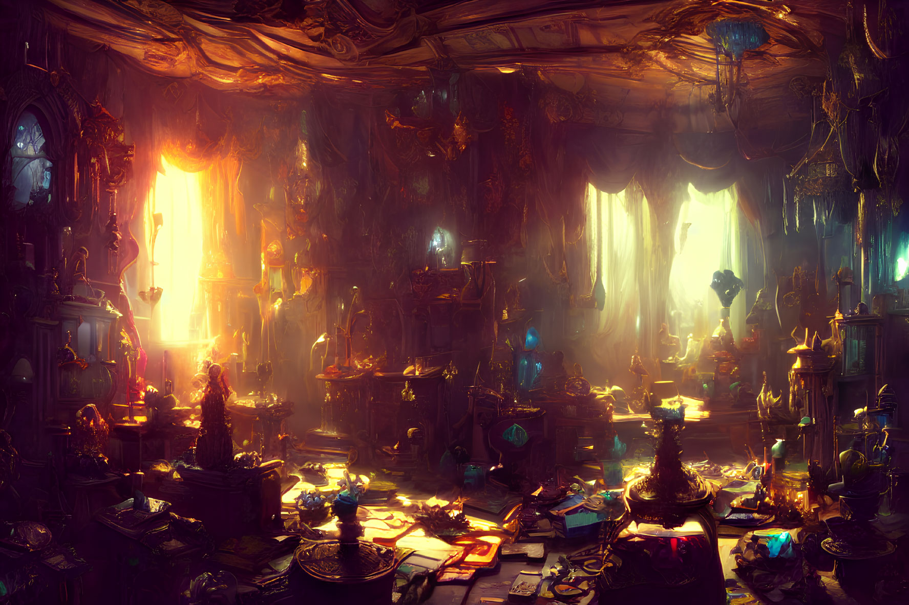 Detailed Cluttered Room with Books, Artifacts, and Mystical Lights