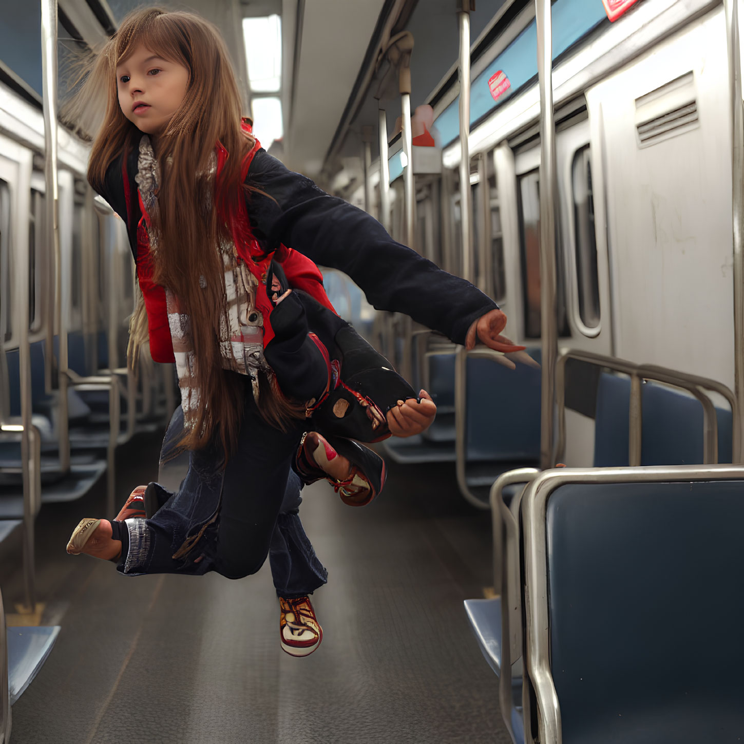 Young girl floating in mid-air in empty subway train