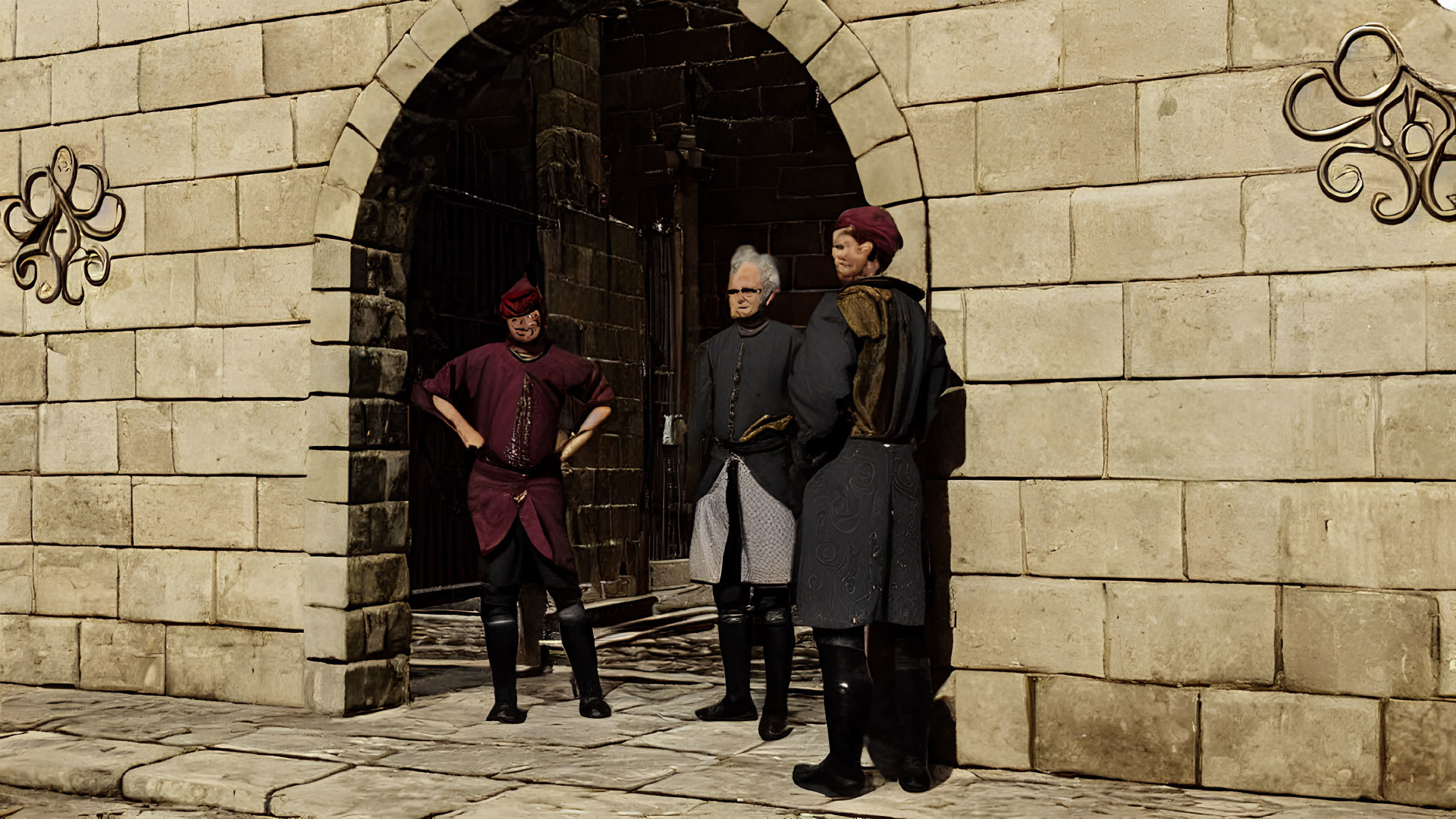 Three people in historical attire by arched stone doorway