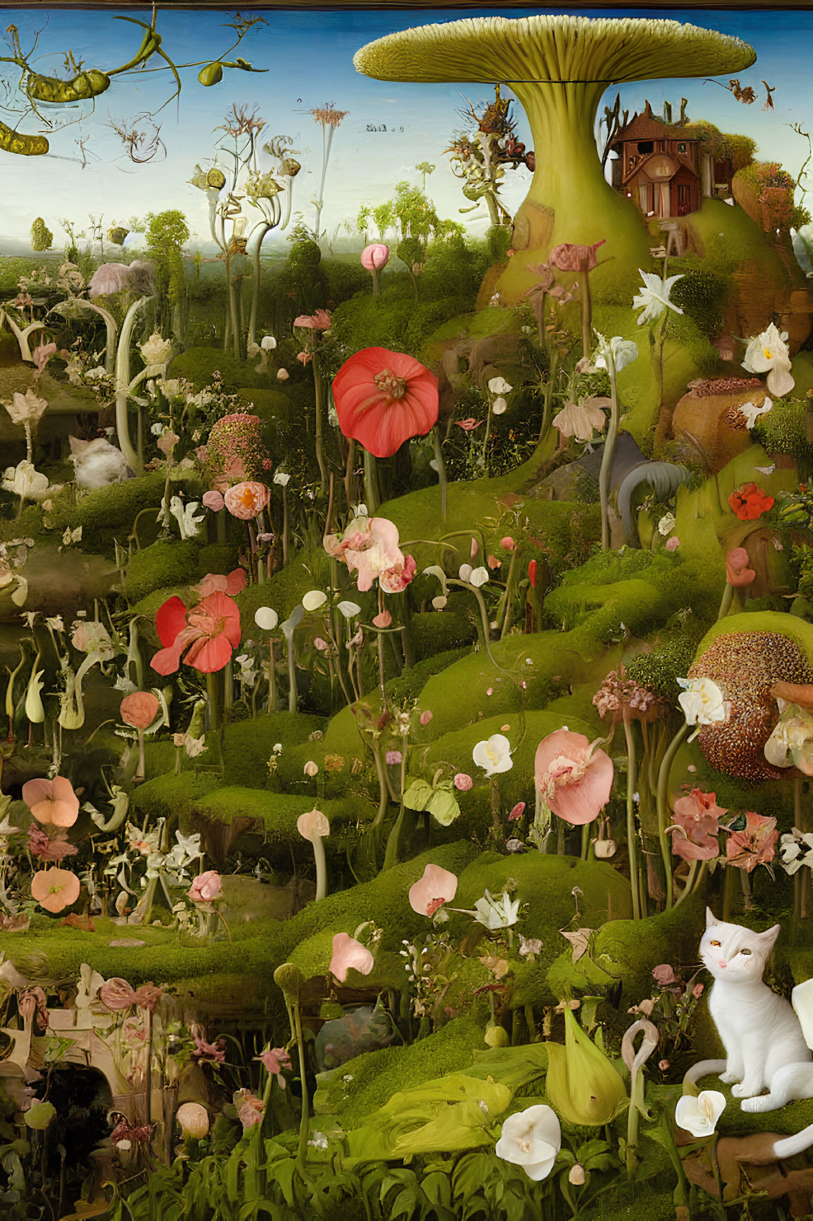 Fantastical garden with flowers, mushrooms, white cat, and mushroom house