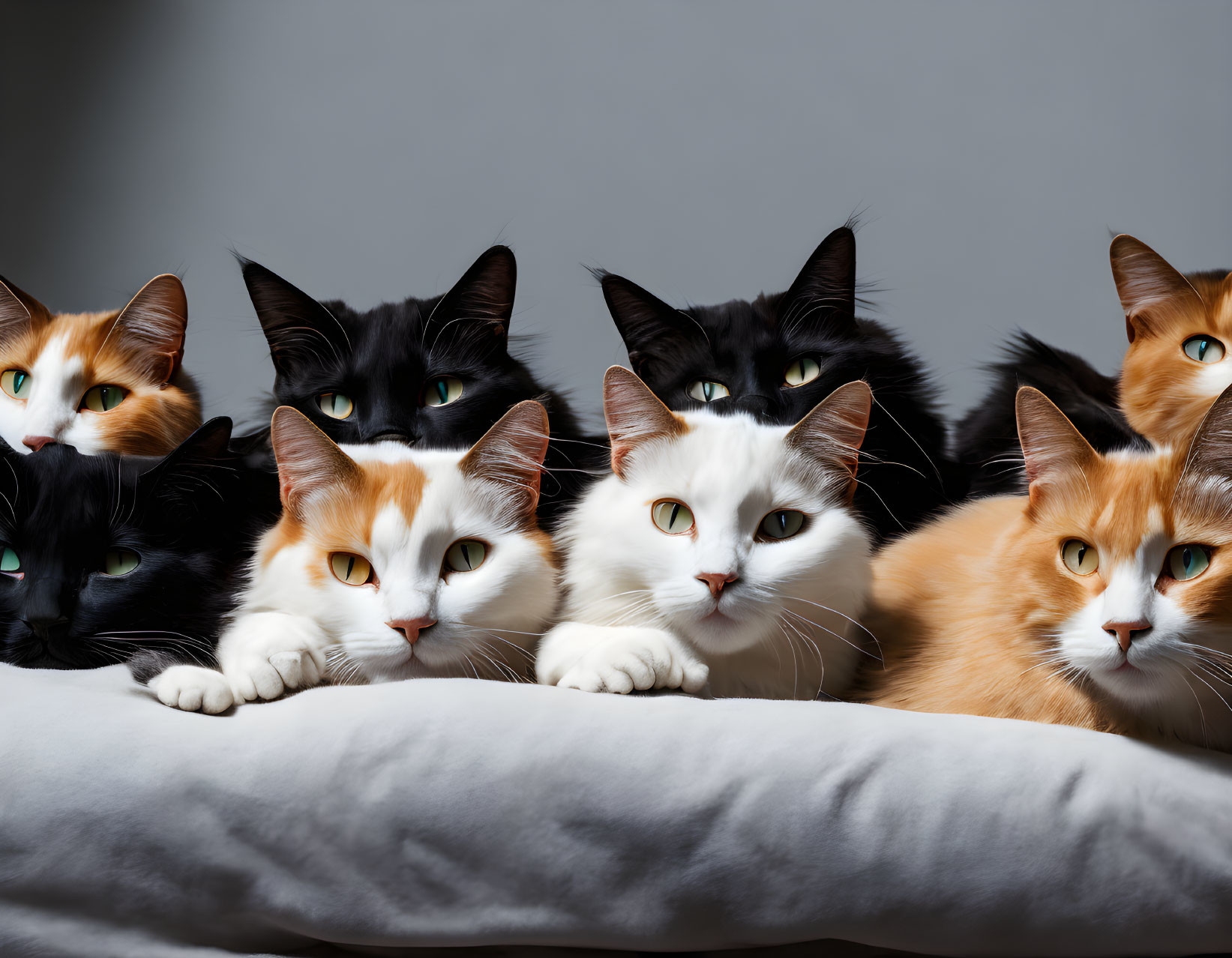 Eight cats with different coat patterns on white cushion against grey background