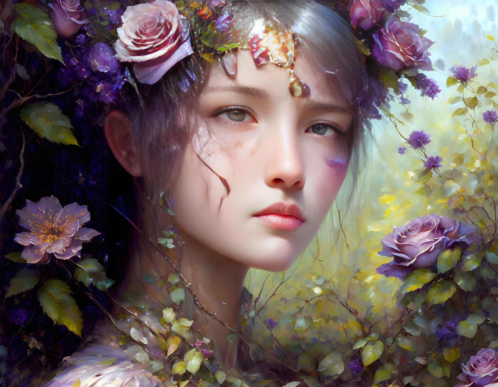 Ethereal woman with flowers in lush purple blossoms