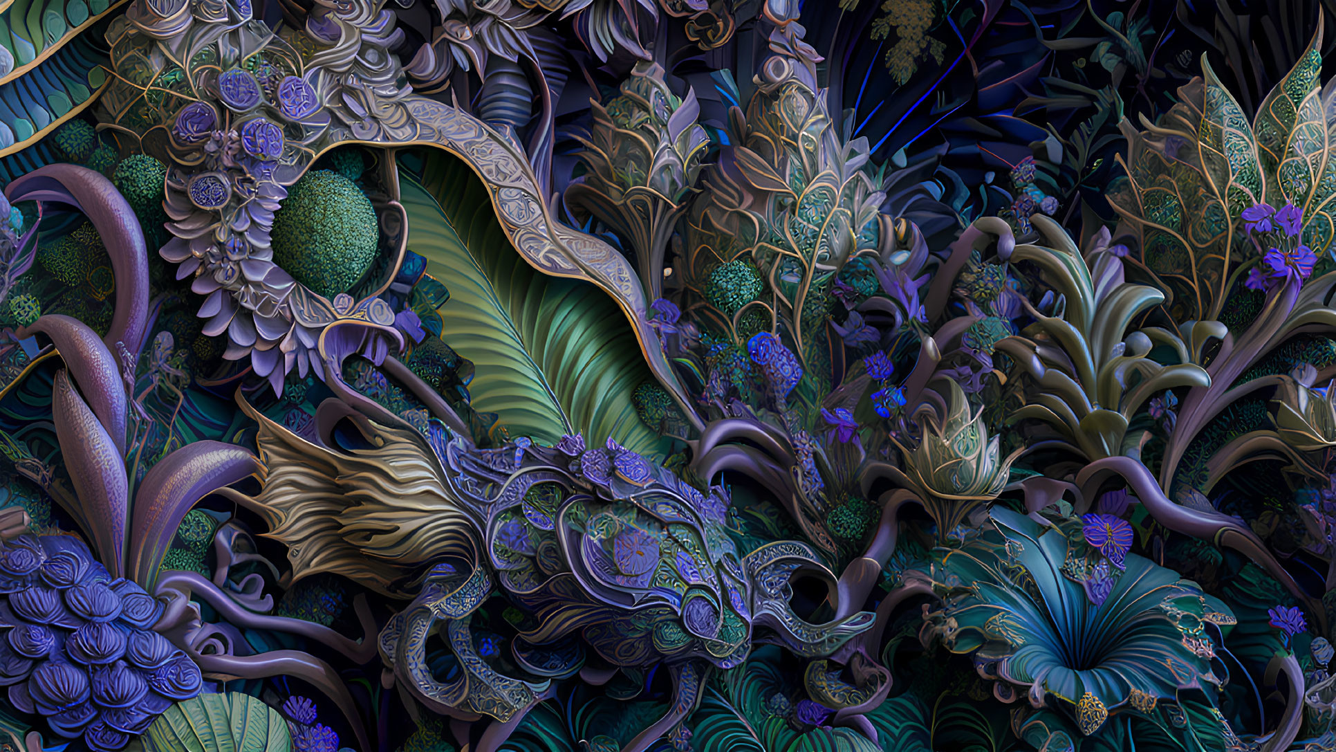 Detailed digital artwork: Intricate floral and organic patterns in blue, green, and purple