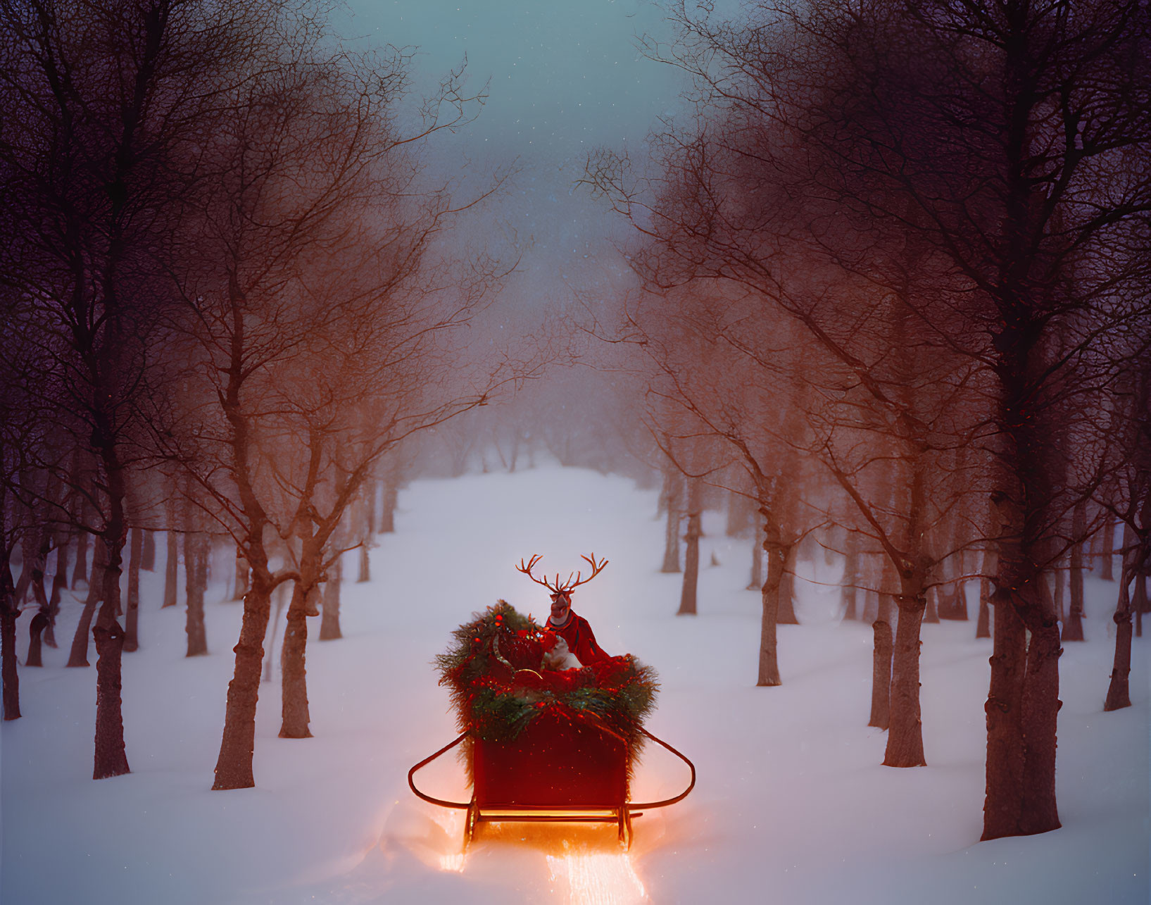 Person in Red Coat with Reindeer Antlers on Sleigh in Snowy Winter Scene