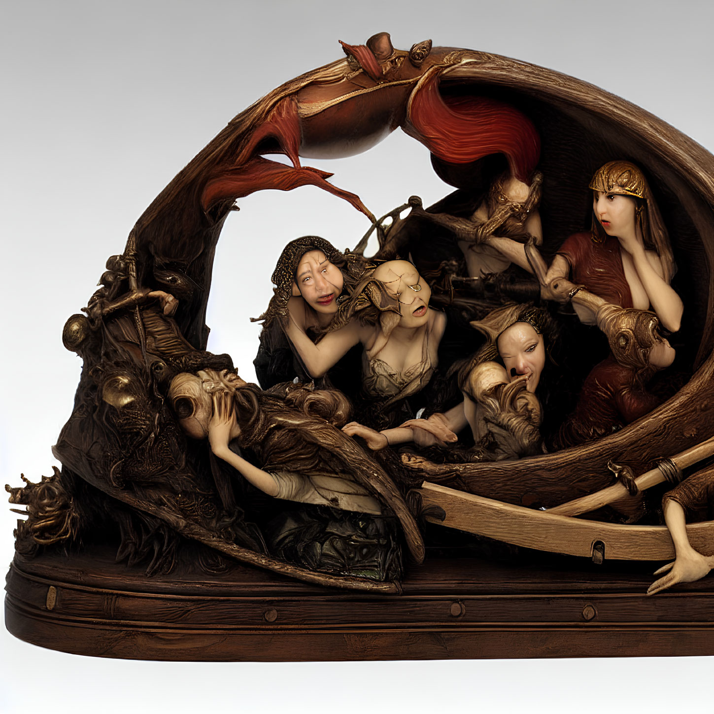 Surreal artwork featuring women and cherubs on wooden ship structure