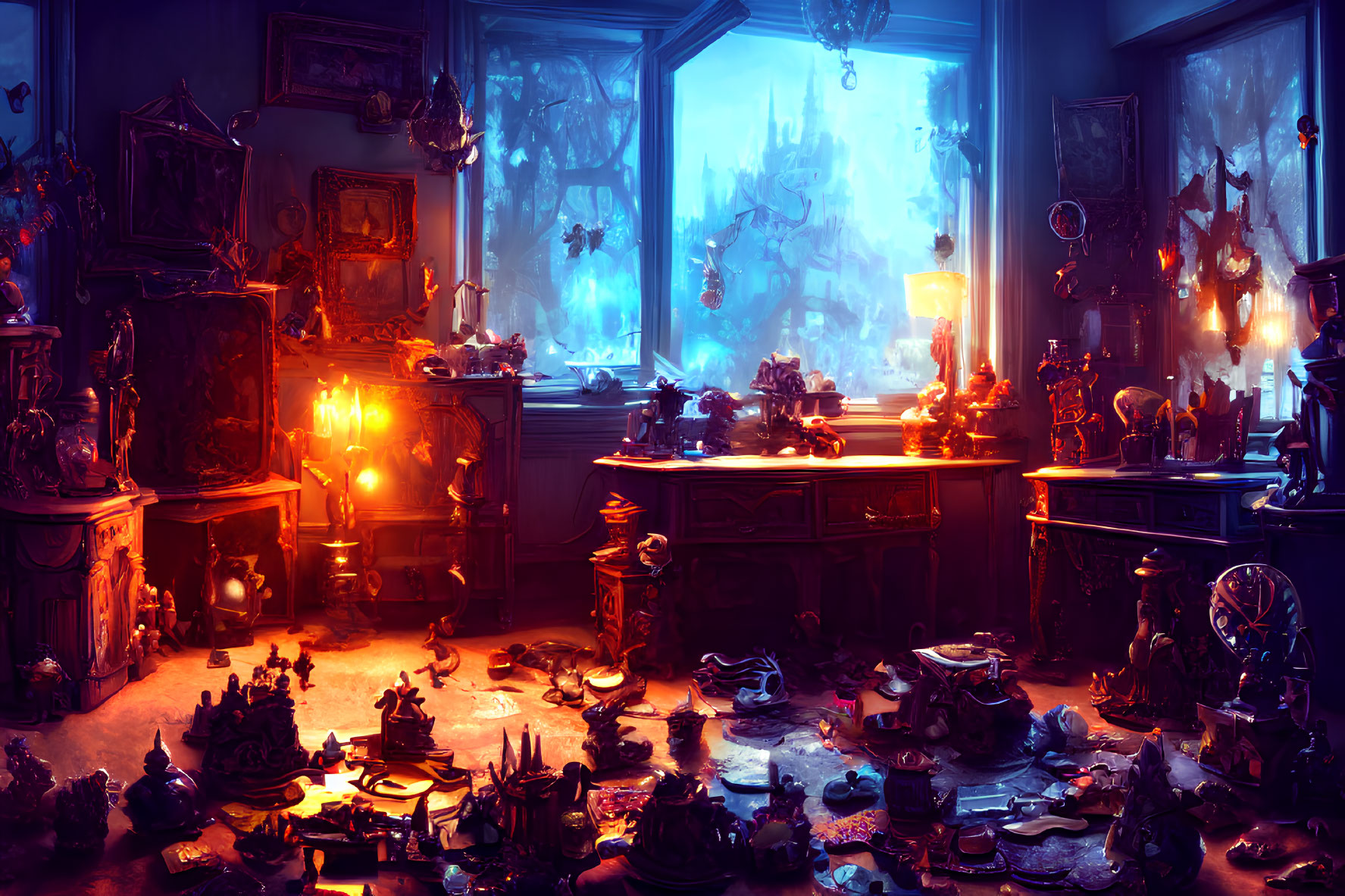 Mystical room with antiques, candles, and magical blue glow