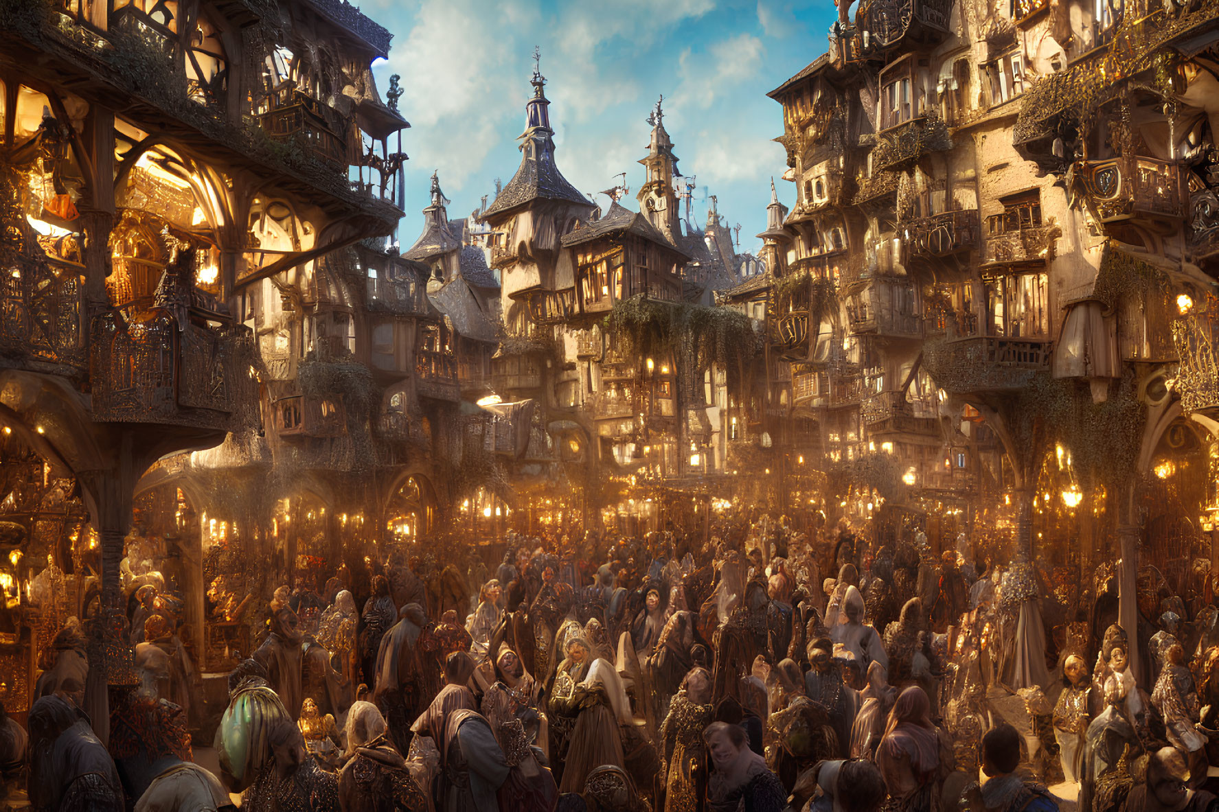 Medieval market scene with crowds, ornate buildings, and warm lights