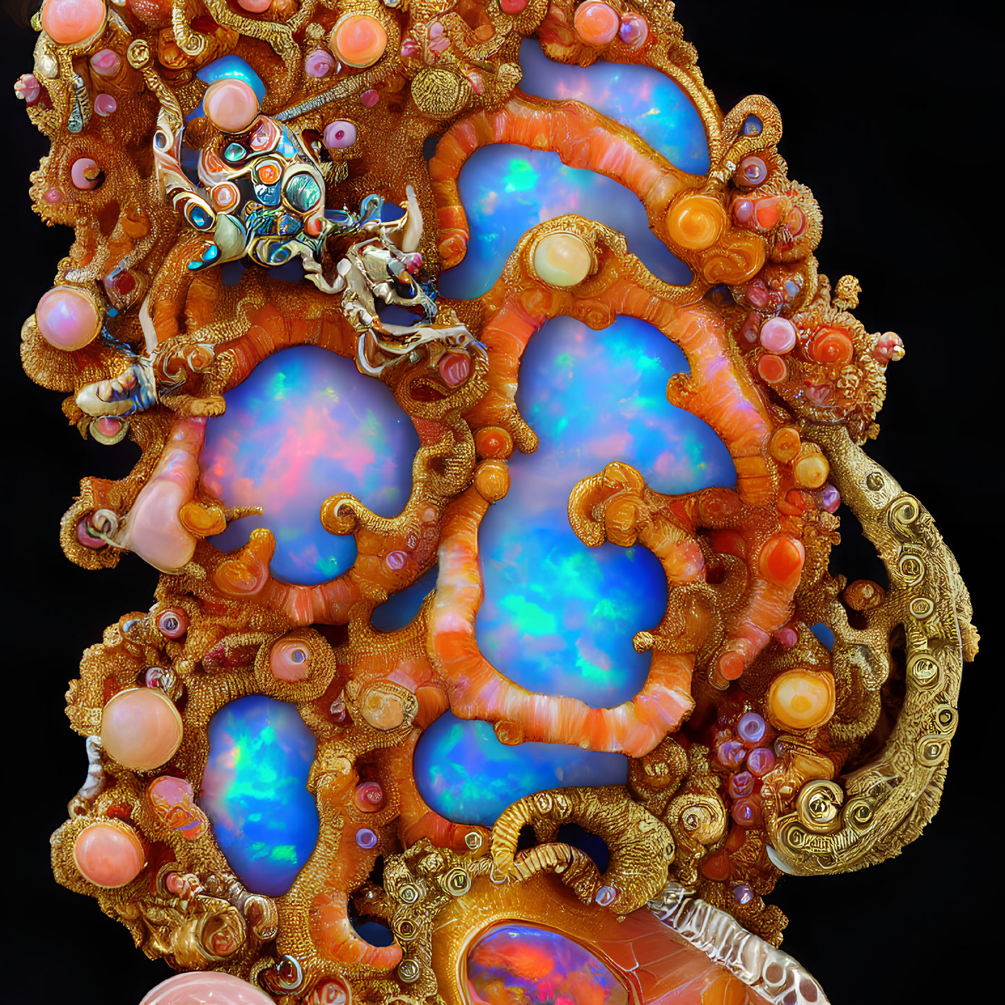 Surreal digital artwork: Golden-orange structures with blue cavities