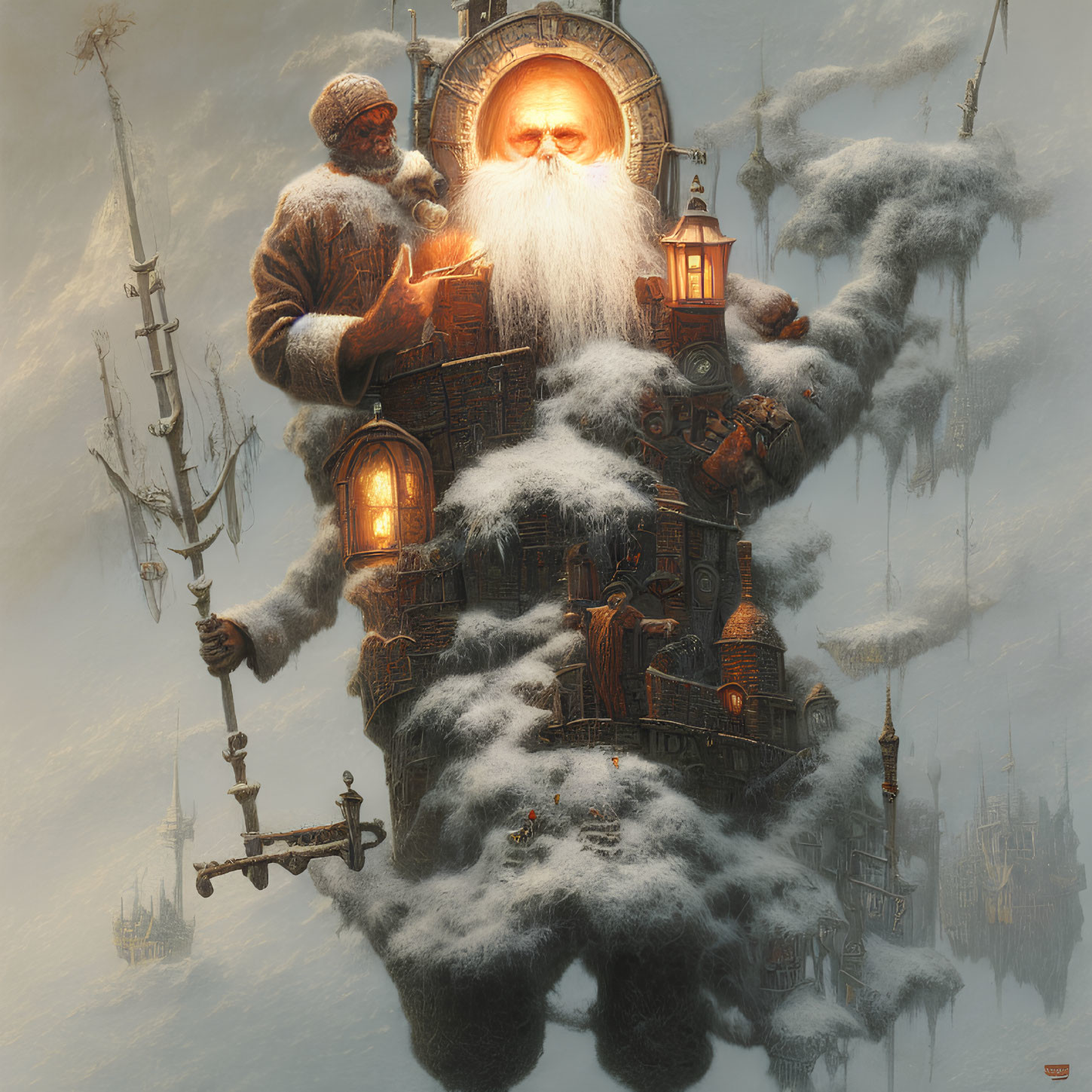 Fantastical figure with building-like torso and snowy rooftops depicted in artwork