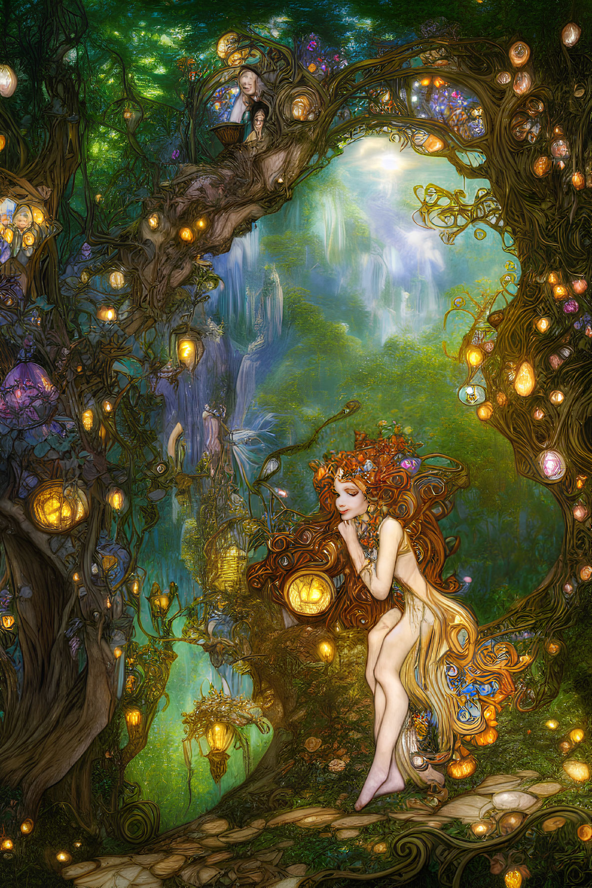 Enchanted forest scene with red-haired fairy and lanterns