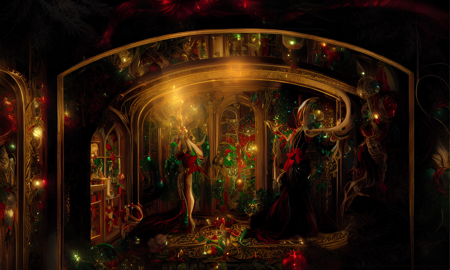 Luxurious Christmas-themed room with golden balconies, wreaths, elegant woman, and glowing lights.