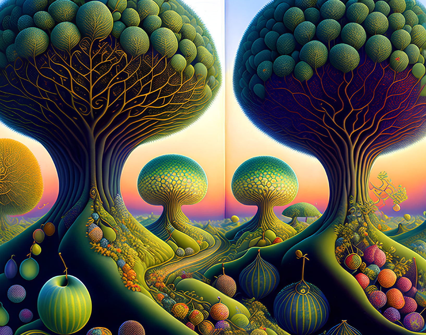 Surreal landscape with round trees, undulating hills, and colorful fruit-like orbs under gradient sky