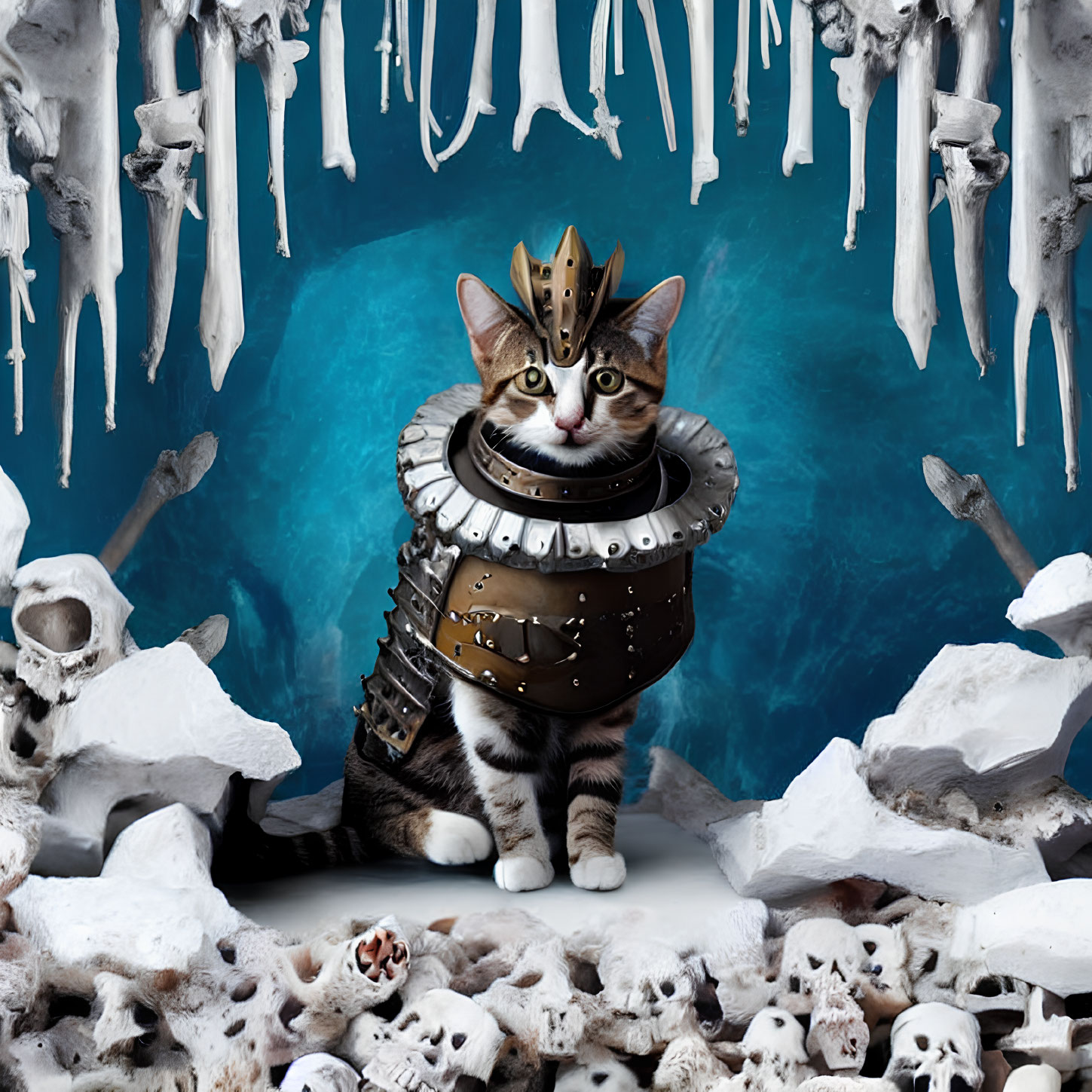 Tabby cat in medieval armor in fantasy ice and skull backdrop