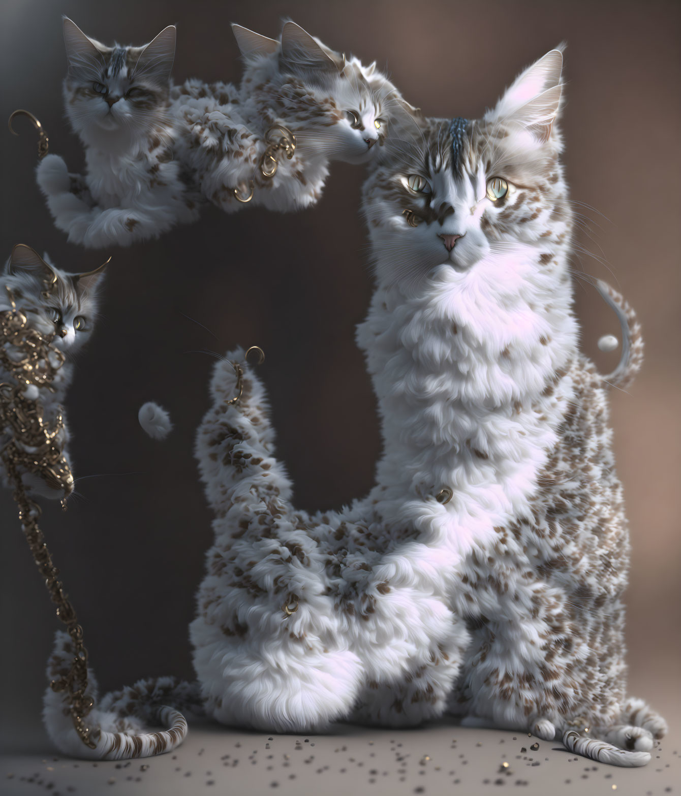 Fluffy Cat with Multiple Faces and Tails in Surreal Image