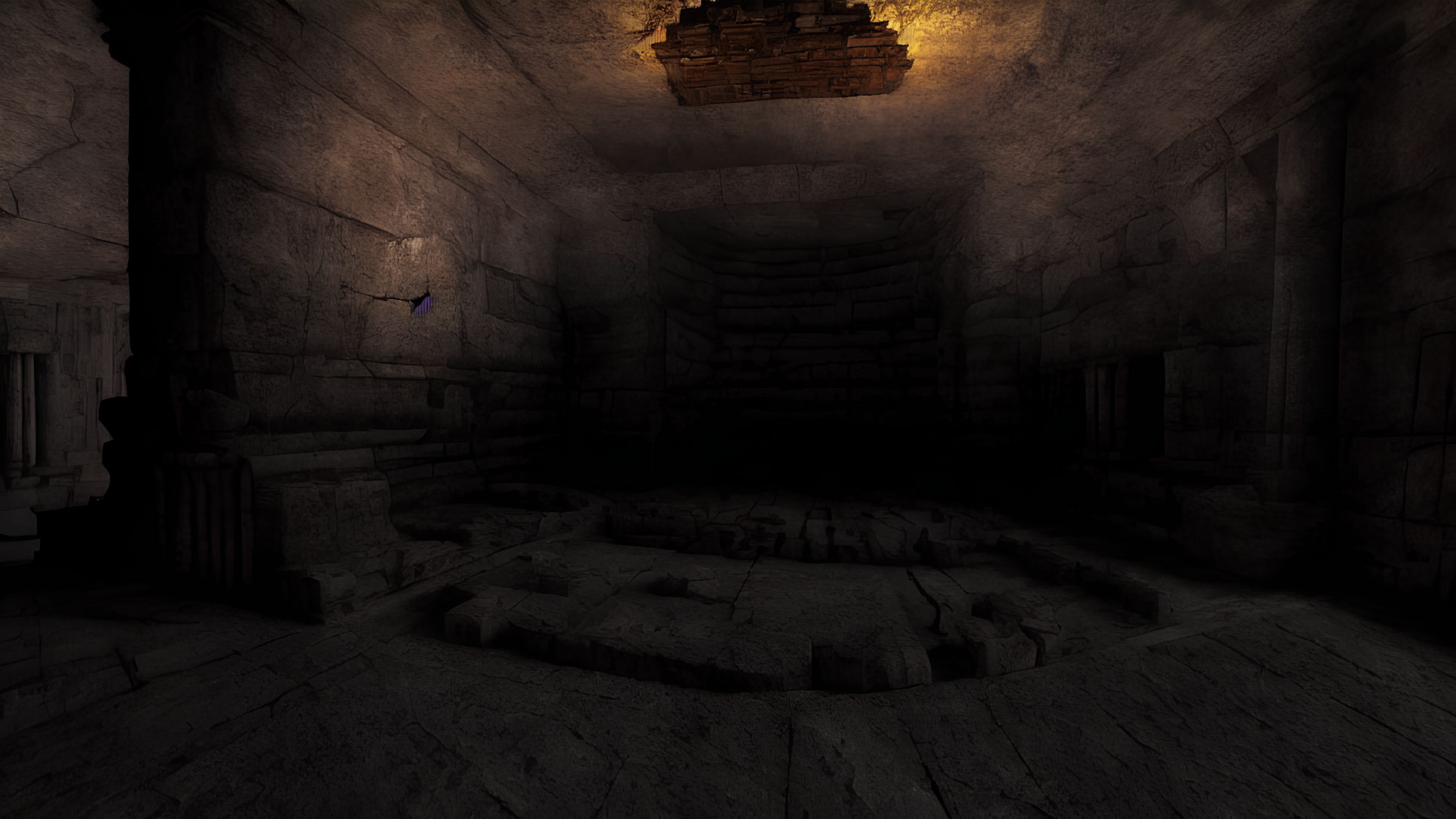 Eerie underground chamber with stone walls and lantern light.