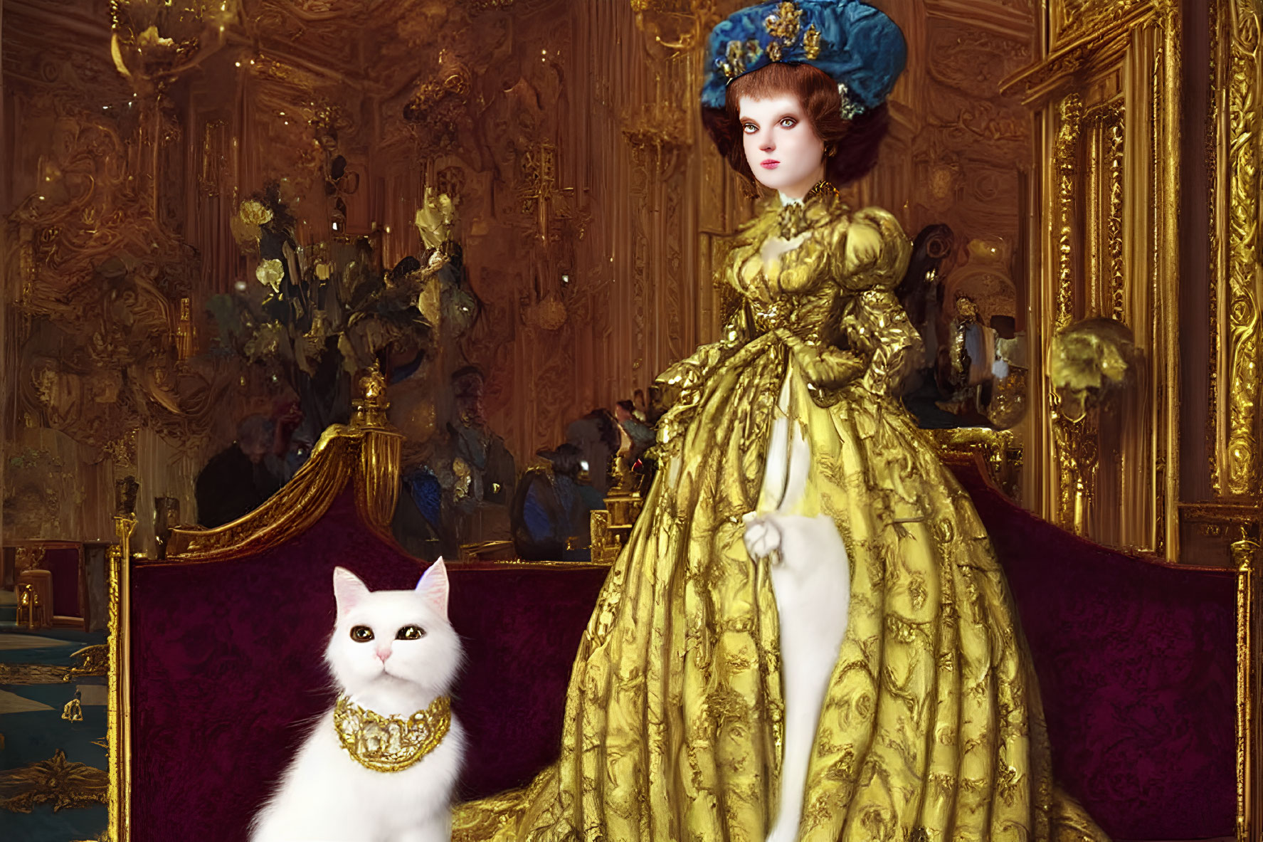 Elaborate yellow period gown with white cat in luxurious room