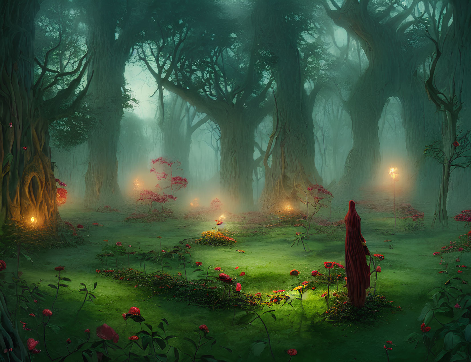 Mystical forest scene with towering trees, fog, red flowers, lanterns, and cloaked