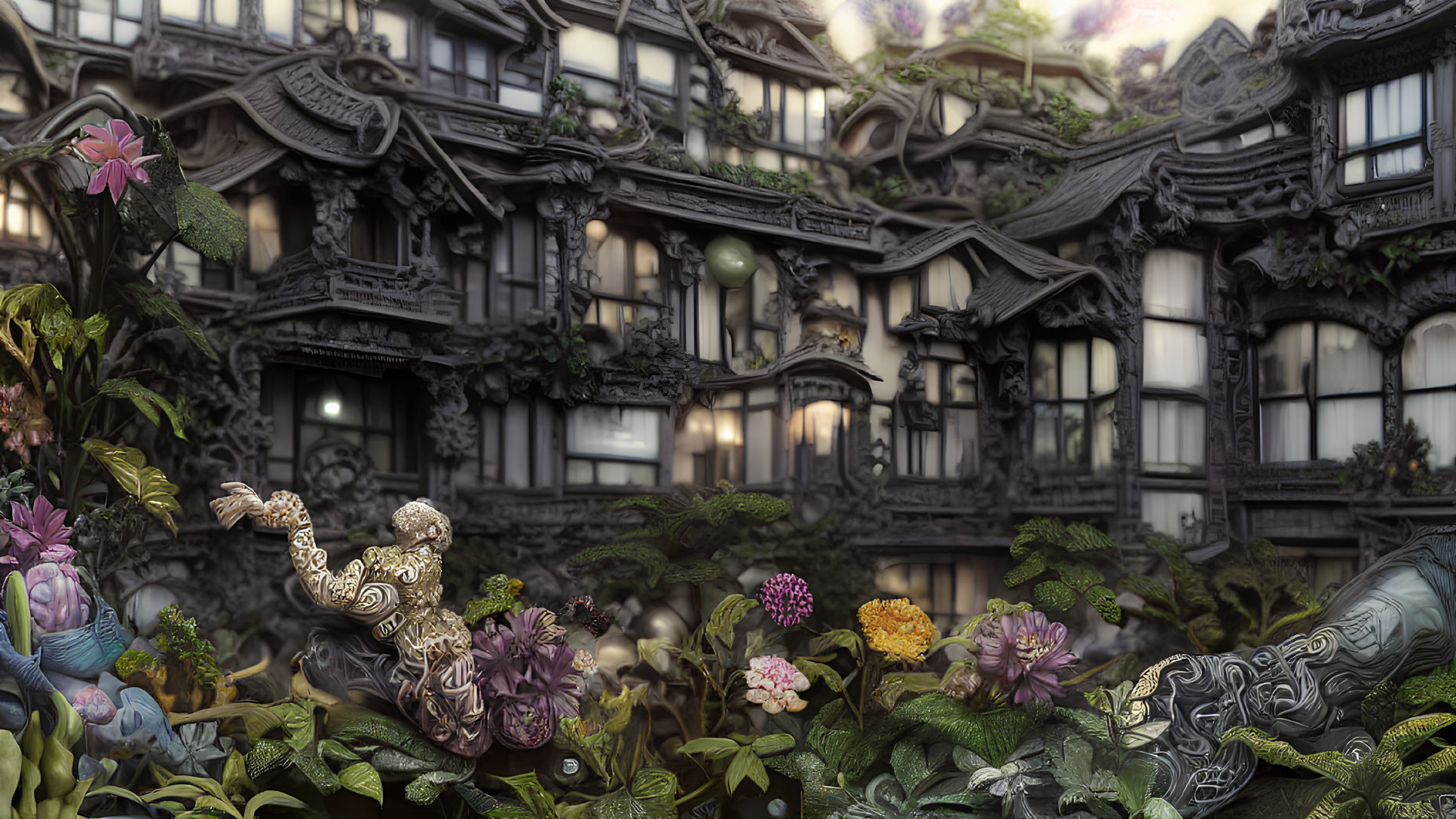 Detailed flora and ornate buildings in lush scene