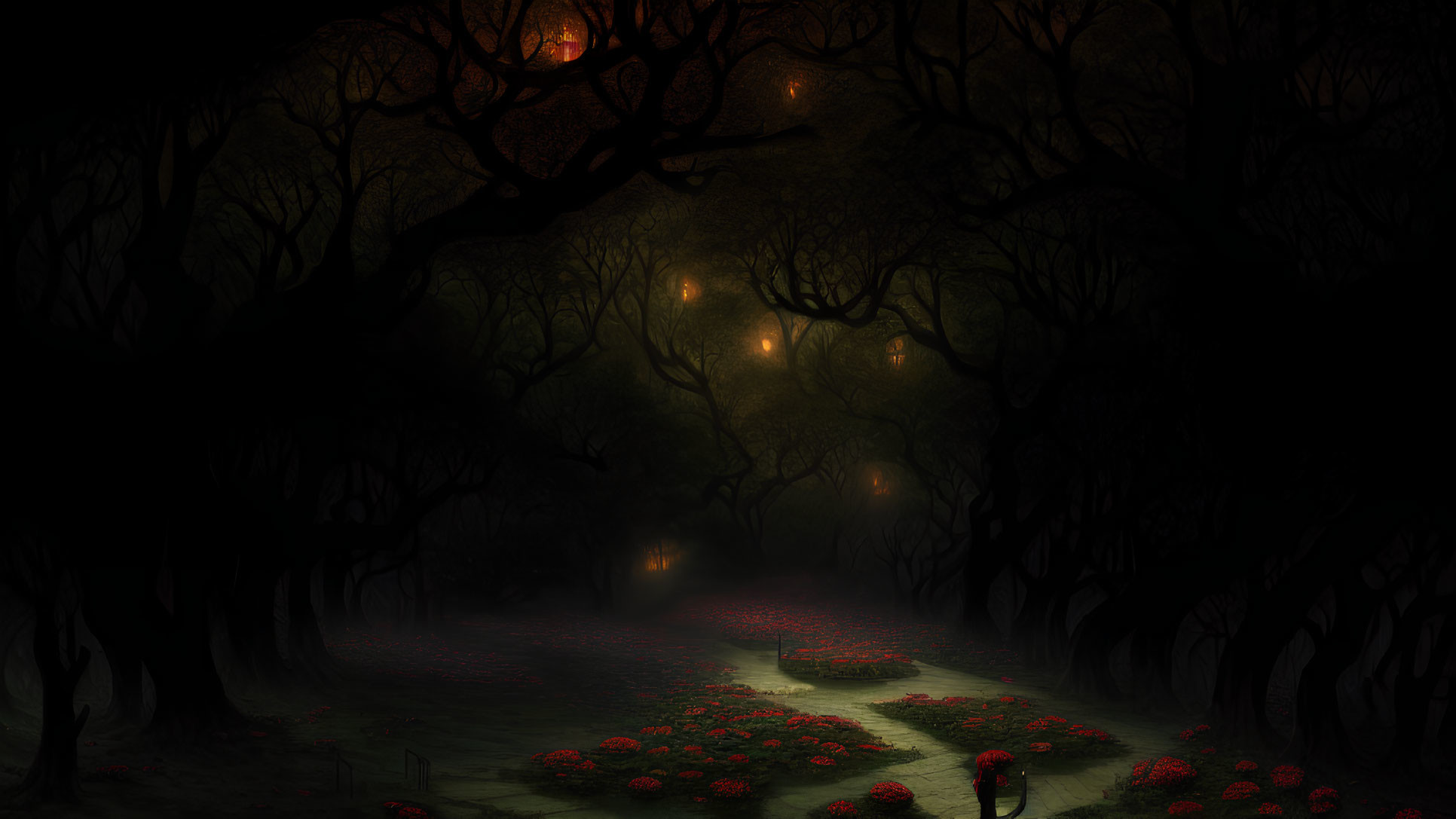 Twisted trees in foggy night forest with lanterns and red flowers