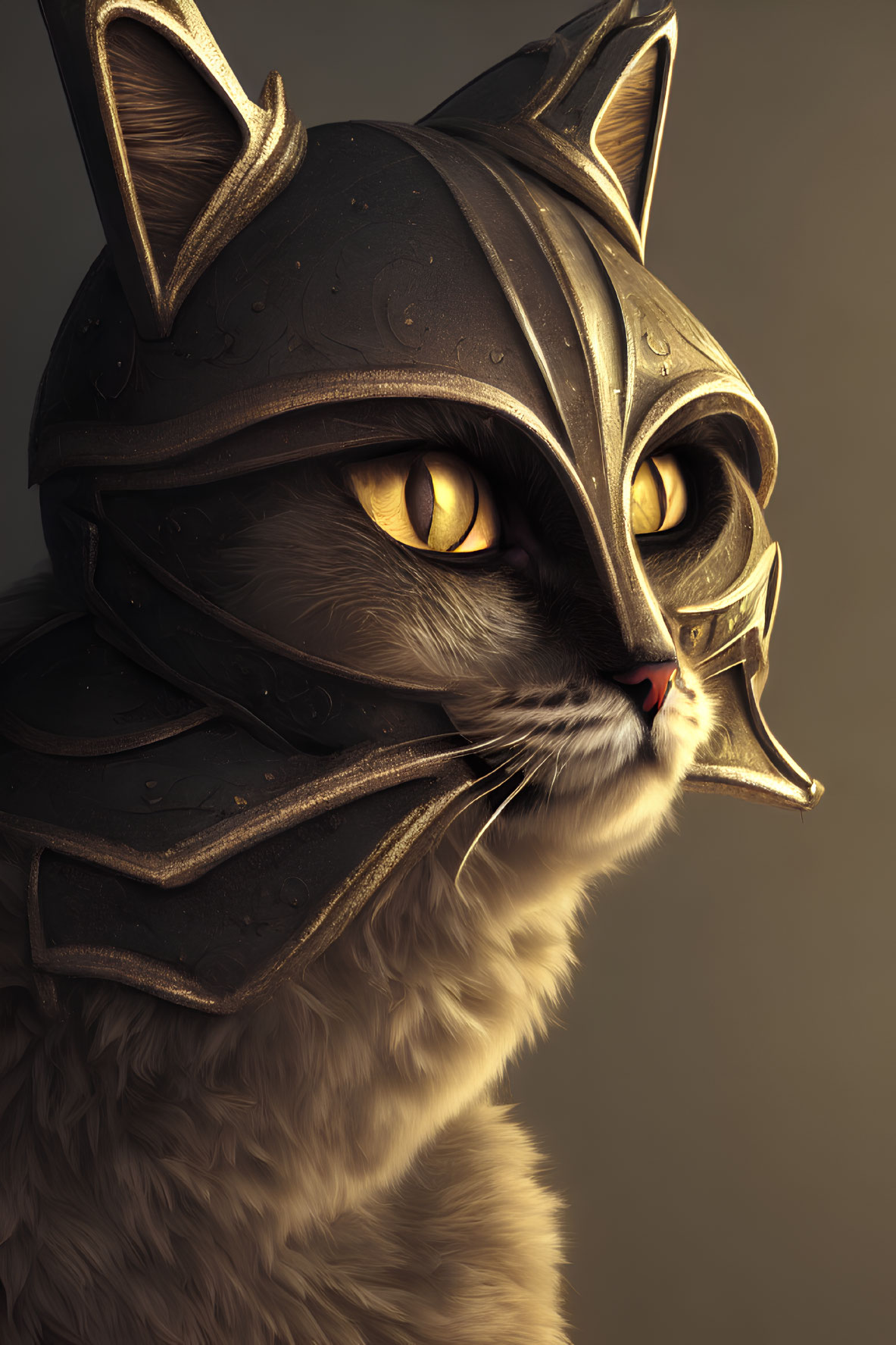 Digital Art: Cat in Medieval Knight Helmet with Glowing Eyes