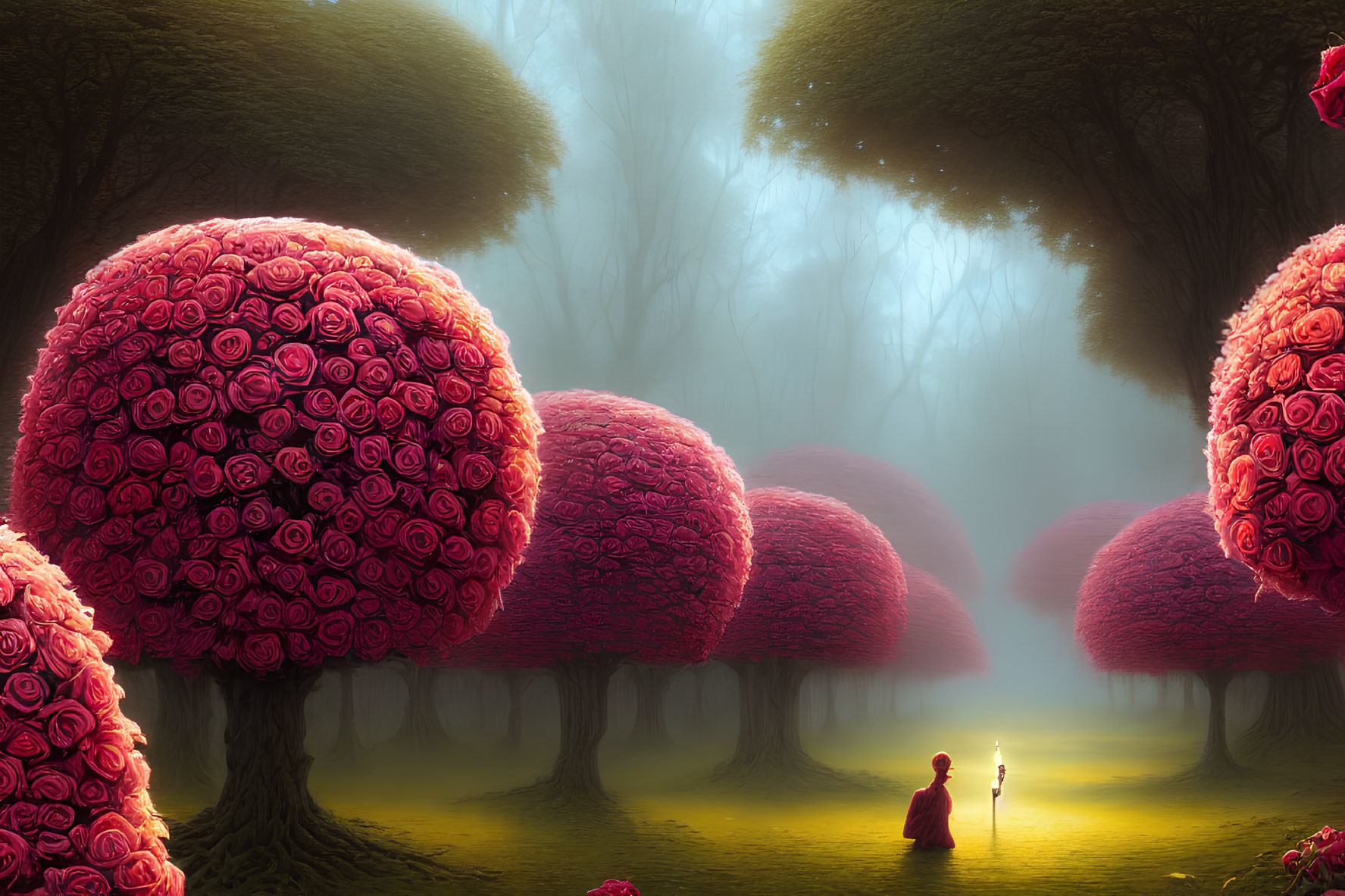 Enchanting forest with red rose-covered trees and lone figure in hazy ambiance