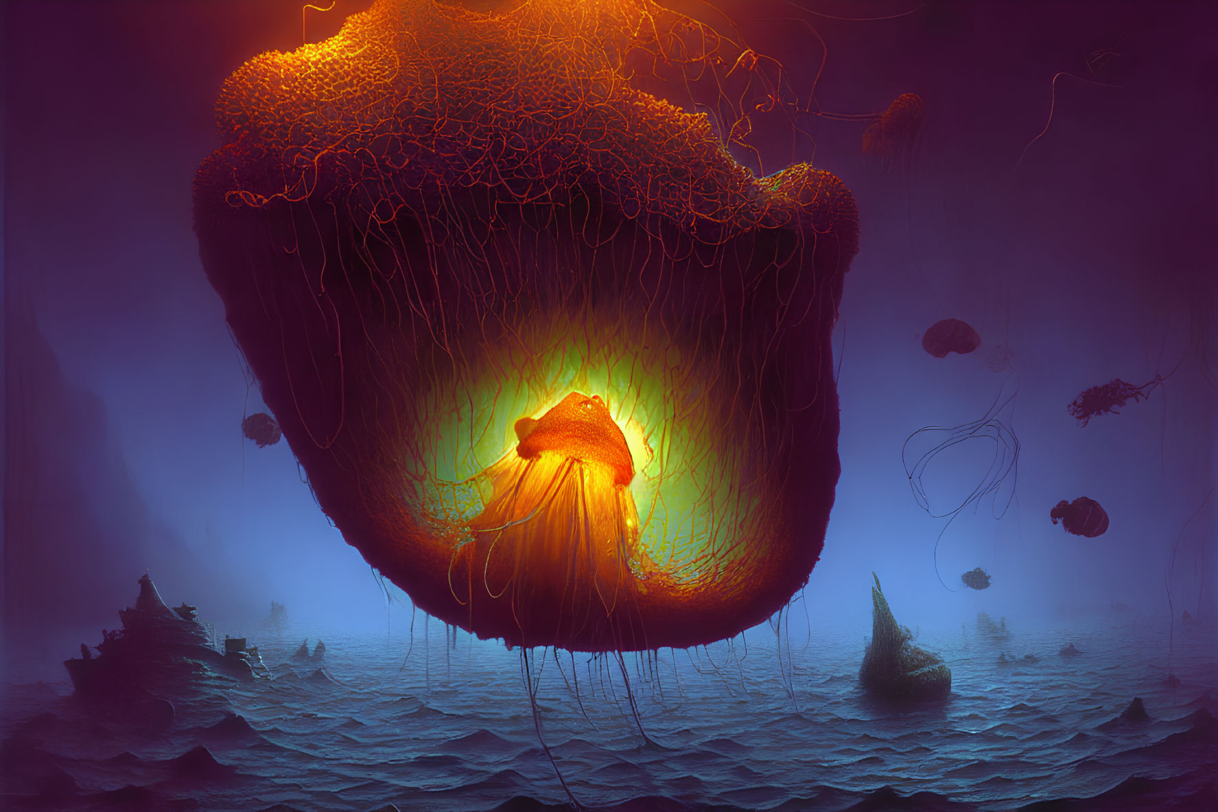 Glowing oversized jellyfish in dark sea with shipwrecks