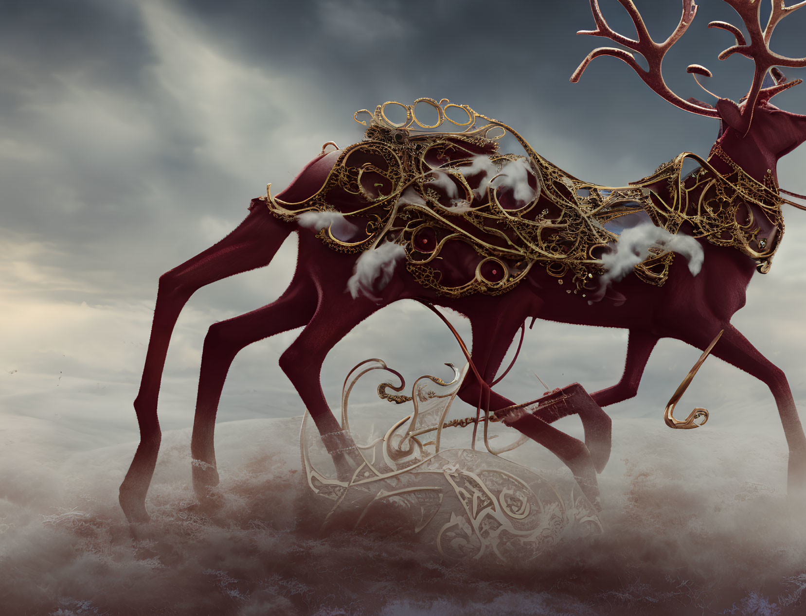 Golden skeletal structure with antlers against stormy sky - mystical creature in motion