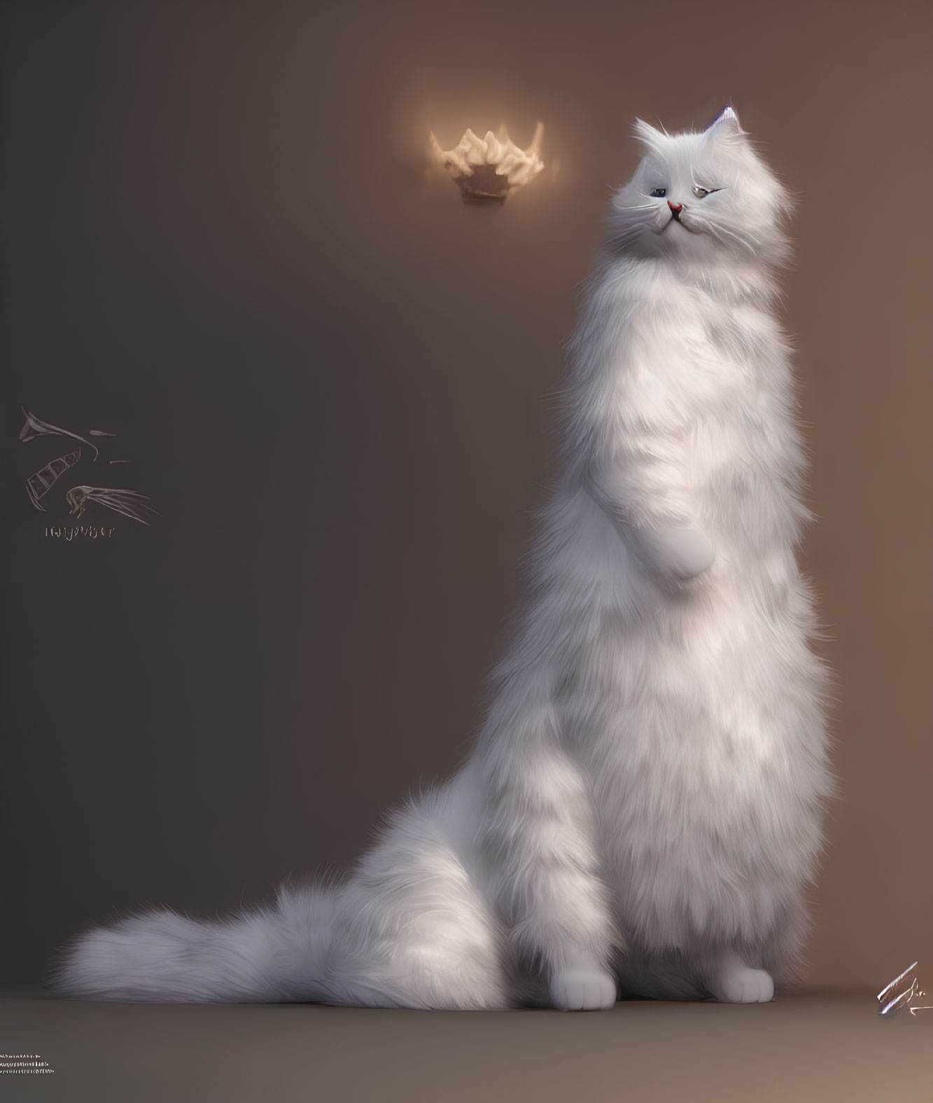 Fluffy white cat with paper boat shadow on wall