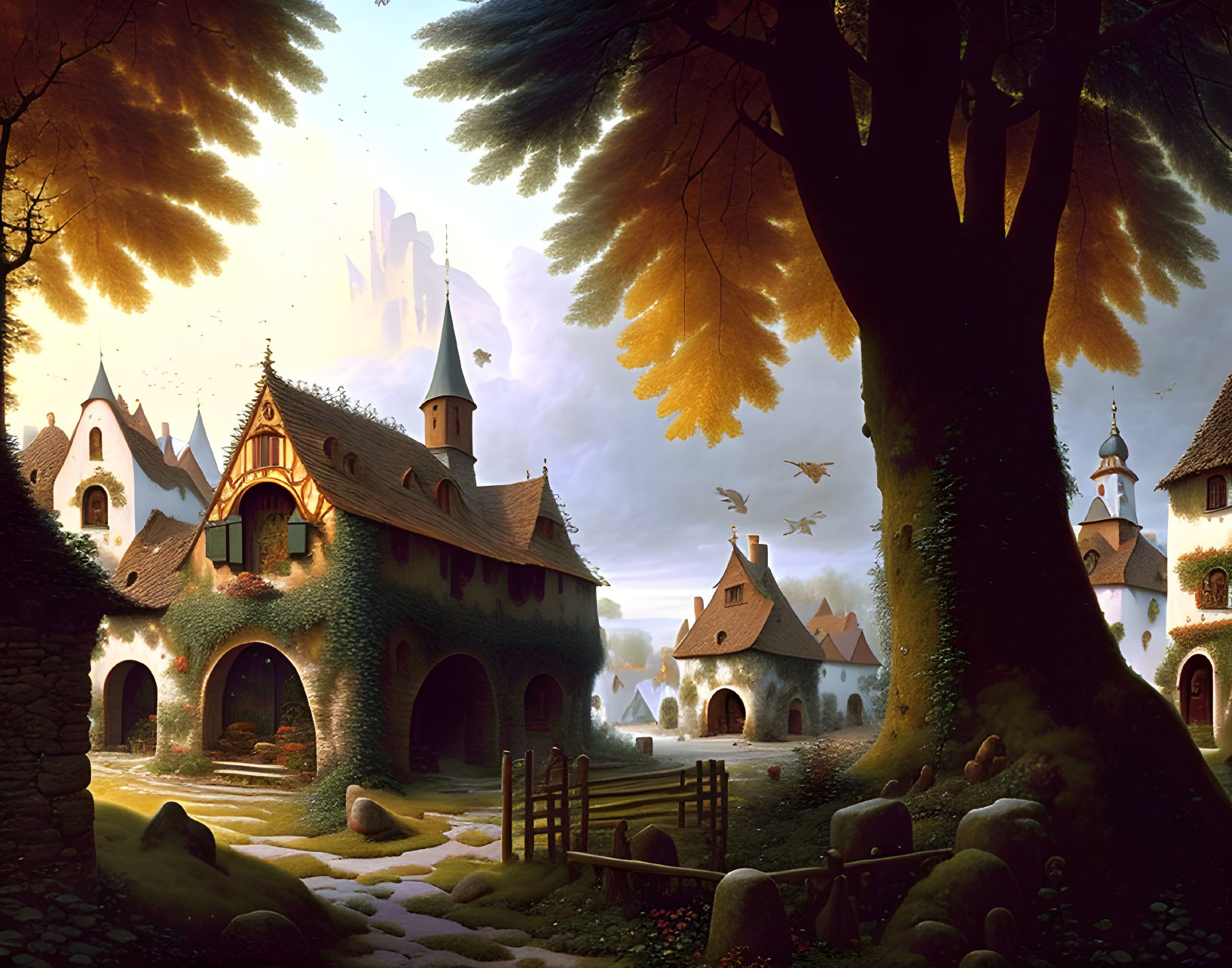 Enchanting fantasy village in forest clearing with castle and birds