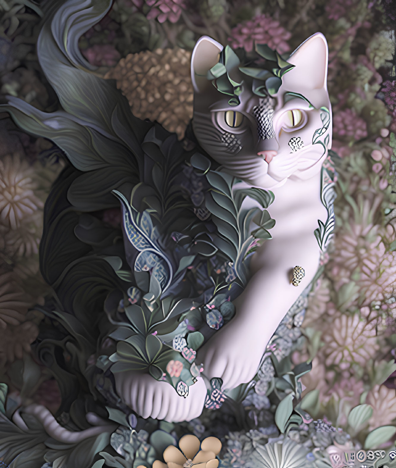 Cat merged with floral motif against botanical backdrop