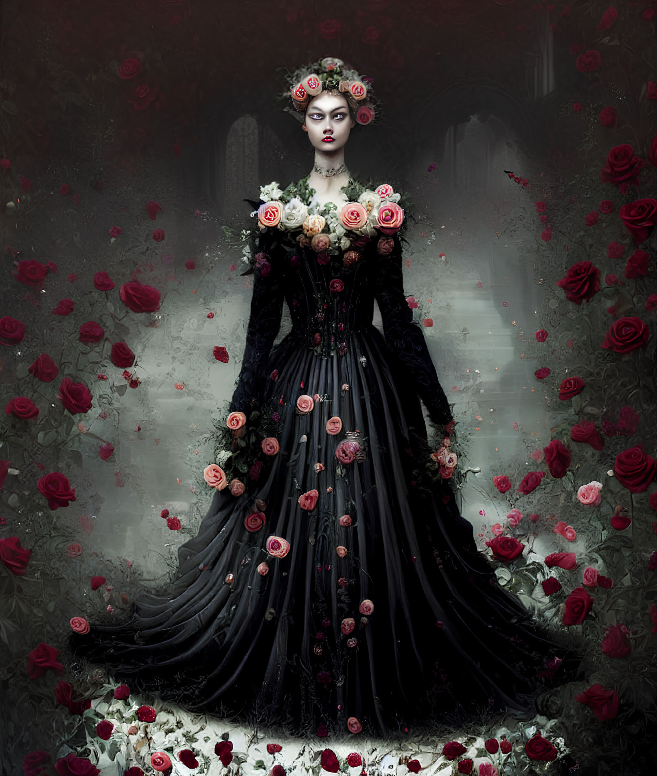 Woman in Black Gown Surrounded by Roses and Petals