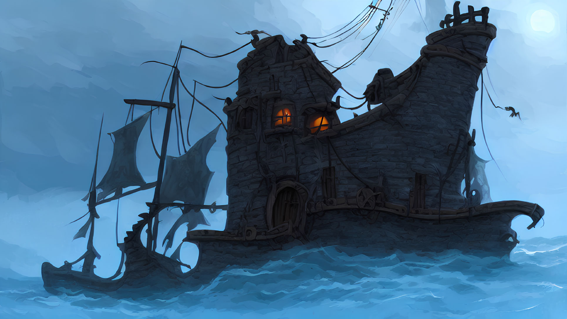 Eerie stone ship with tattered sails in stormy seas