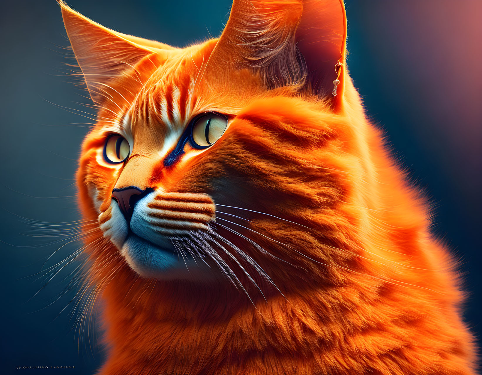 Vibrant orange cat with yellow eyes on dark blue background