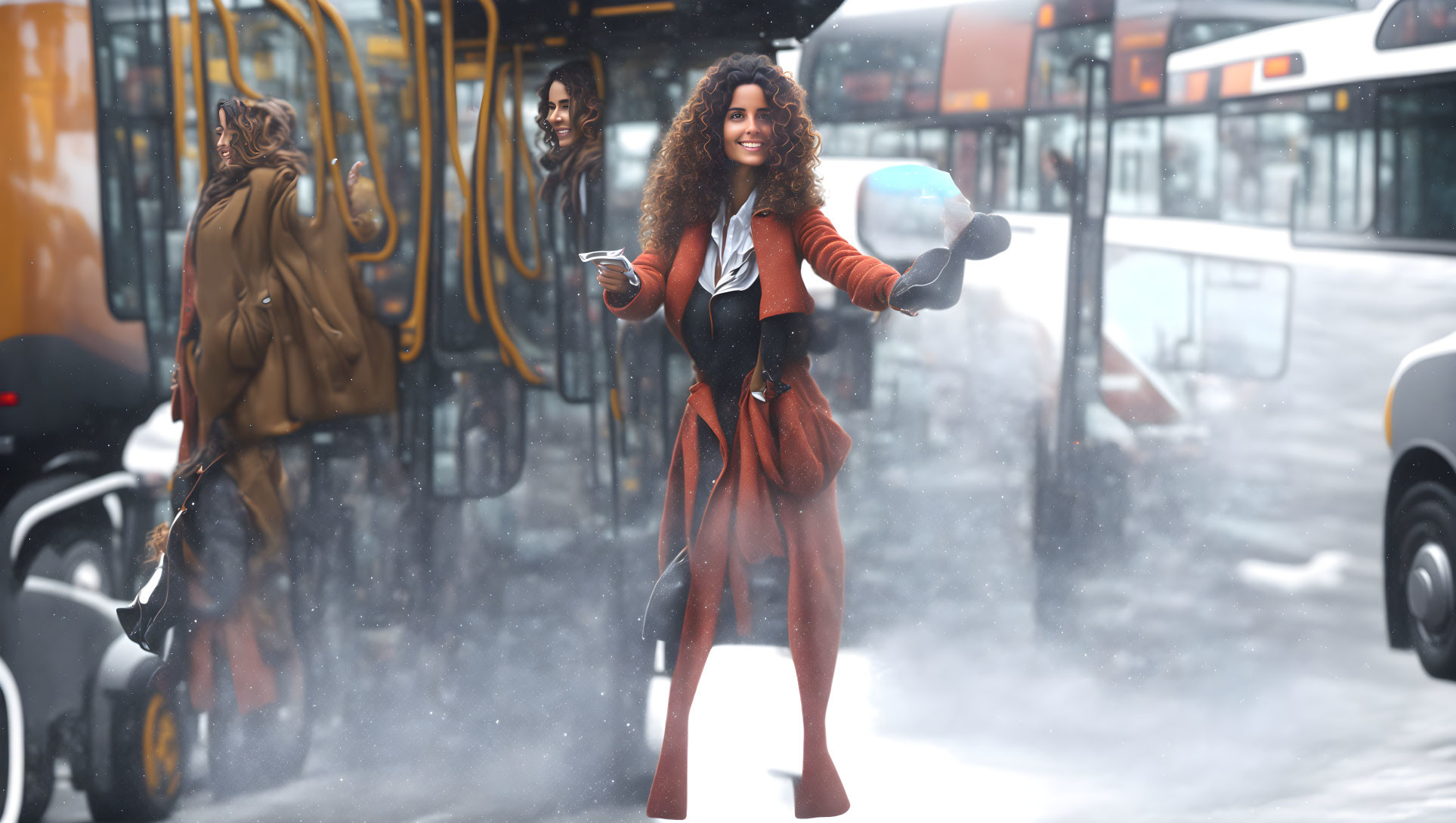 Smiling woman in brown jacket walks in snow with buses in background