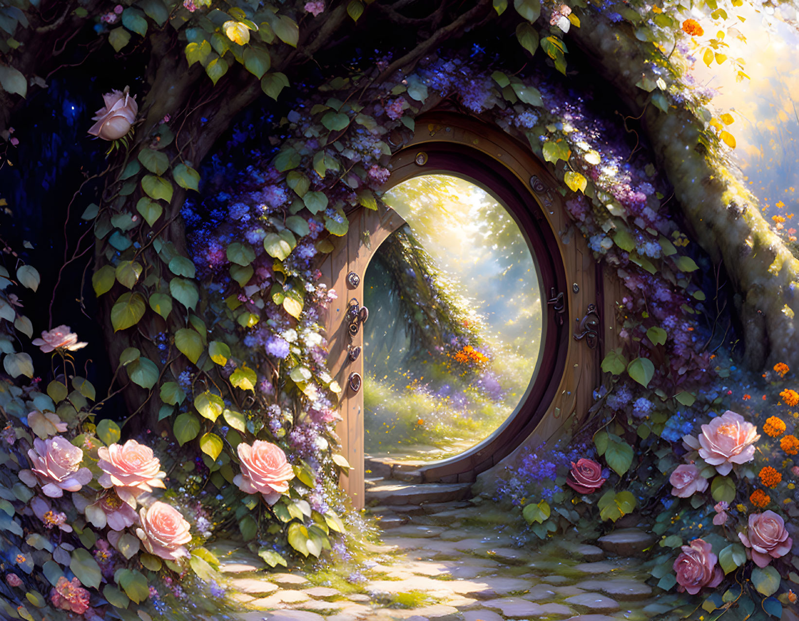 Circular wooden door in flower-covered tree leading to sunlit forest