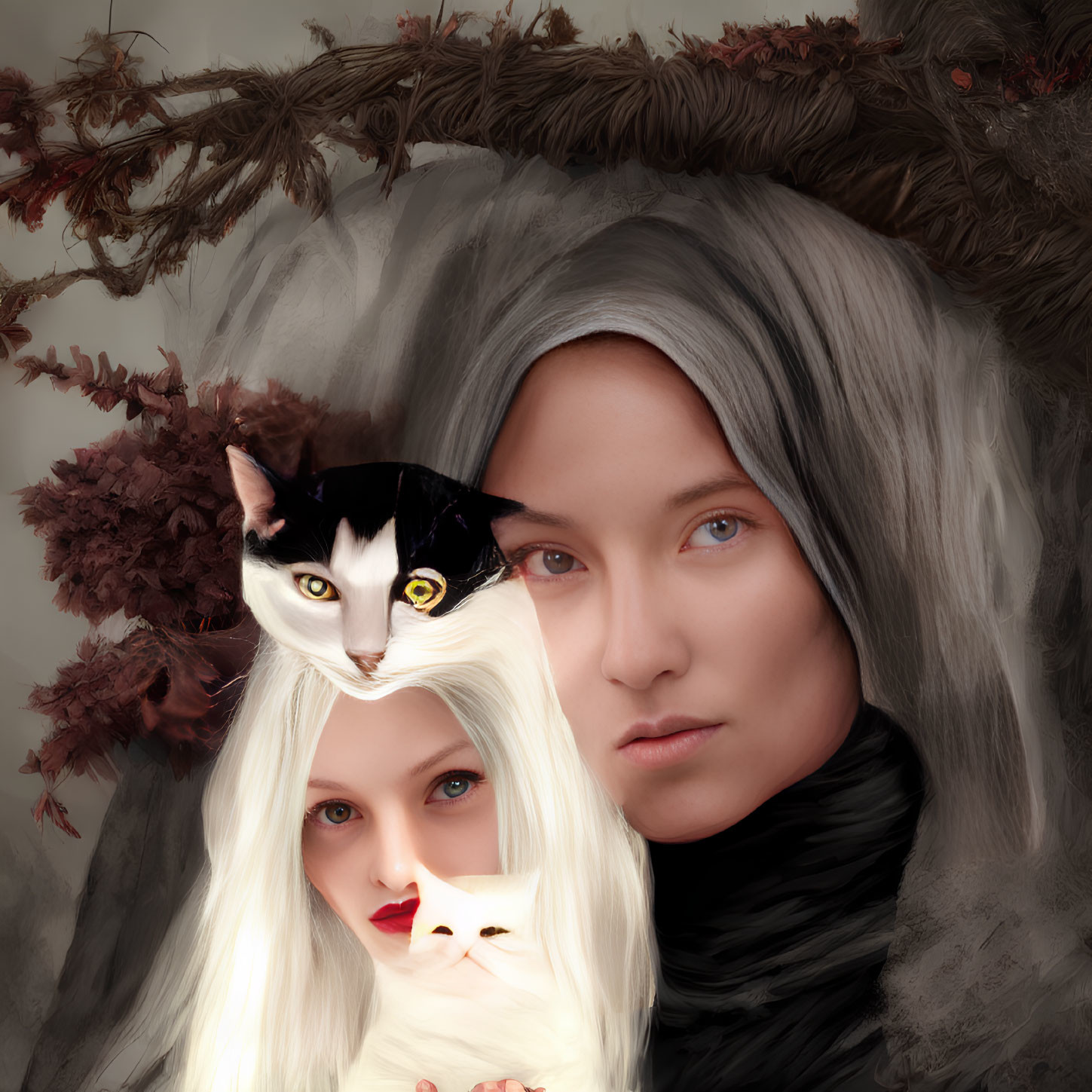 Digital art portrait featuring somber individuals with black and white cats and muted flora.