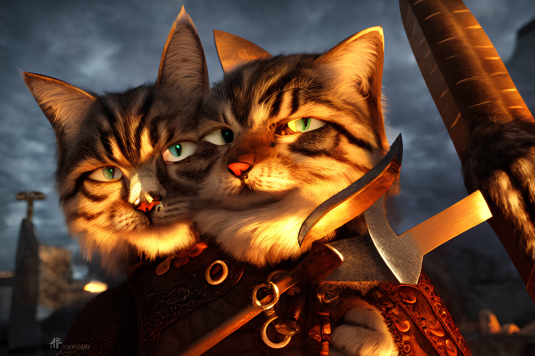 Anthropomorphic Cat Warriors in Medieval Armor at Sunset