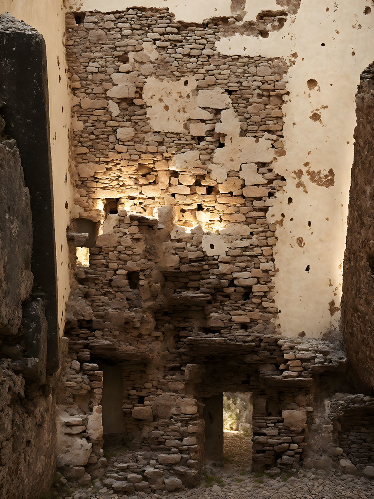 Ancient stone building ruins with multiple arches and soft light.